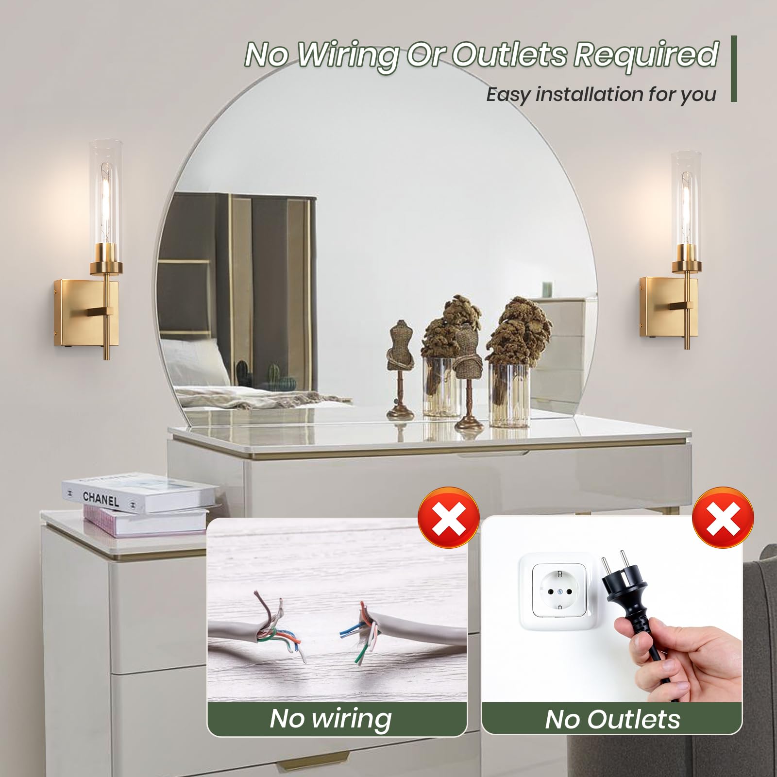 Loiogohot Wireless Wall Sconce - 15000mAh, 3000K Dimmable, Gold, Remote Control, Model WL-BN2426-GD, Battery Operated