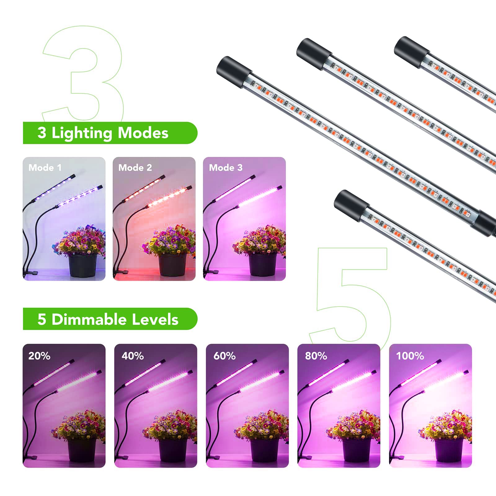 Growstar Plant Lights For Indoor Growing, Red Blue Spectrum 4 Heads Clip Grow Lamps With 10 Feet Cables For Seeding Blooming And Fruiting(2 Pack)