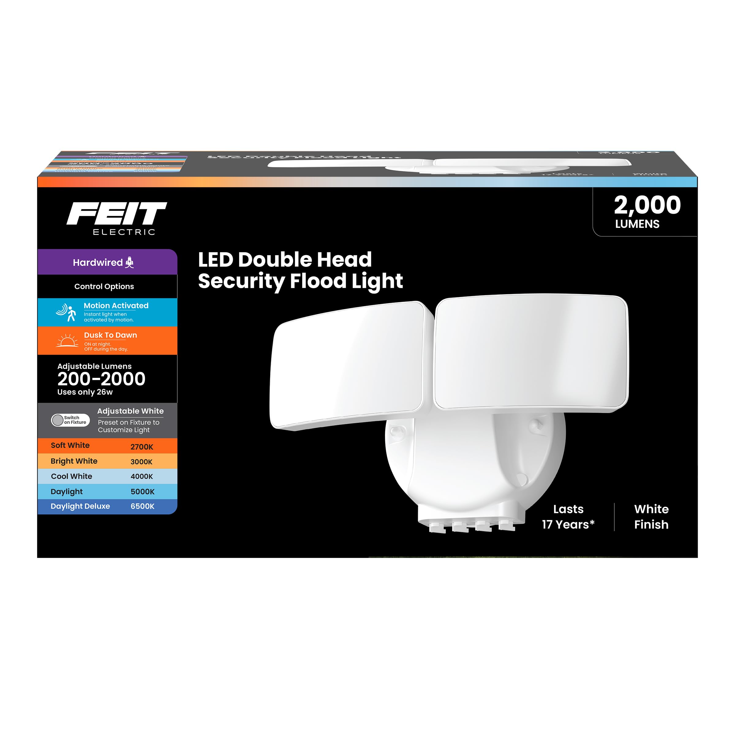 Feit Electric LED Motion Sensor Flood Light, 2000 Lumens Dual-Head Security Light, 5CCT (2700K-6500K), Dusk to Dawn Outdoor Ligh
