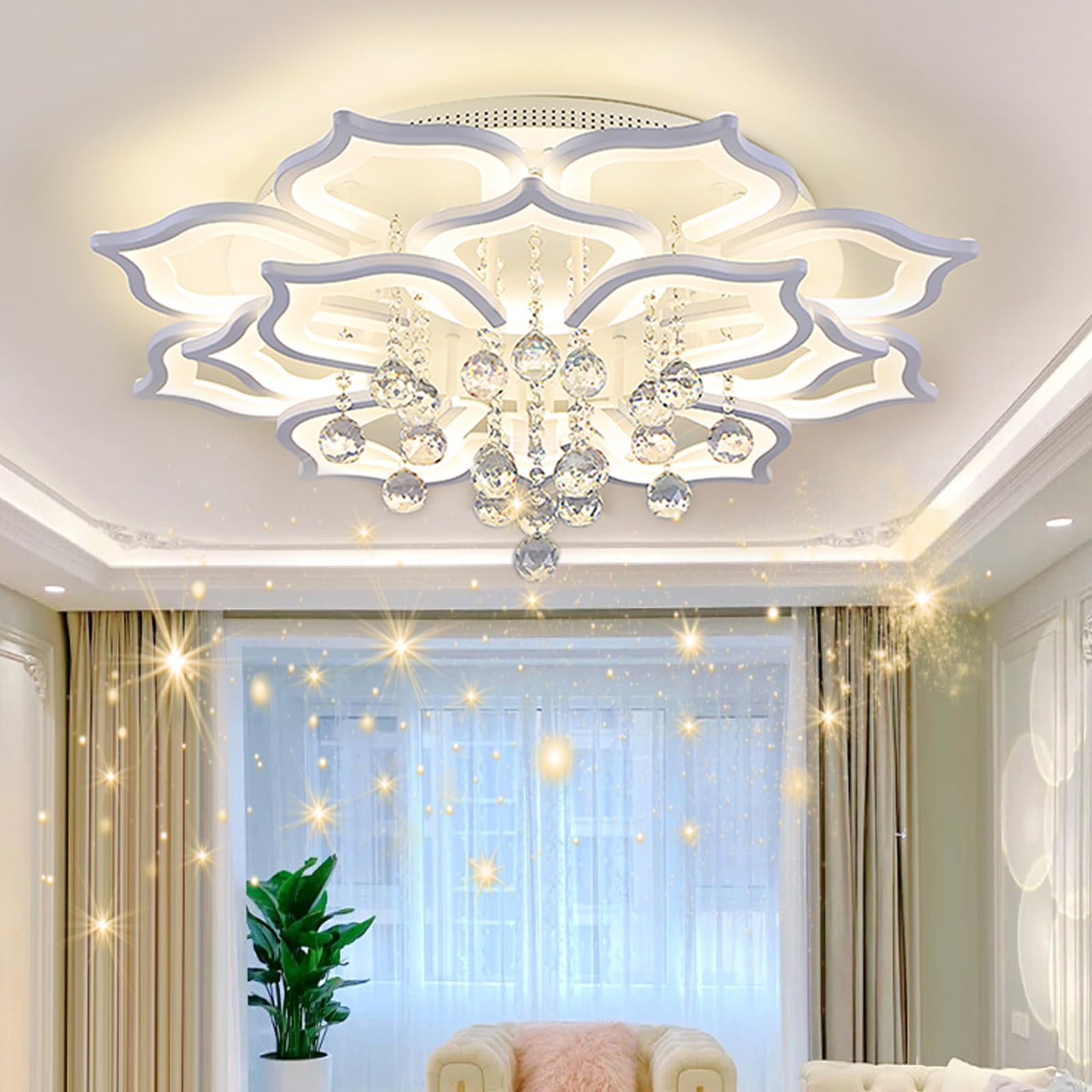 AHAWILL Modern Ceiling Light, 72W Crystal Flush Mount Chandelier, 16 Heads, Remote Control, White, for Living Room, Bedroom, Dining Room
