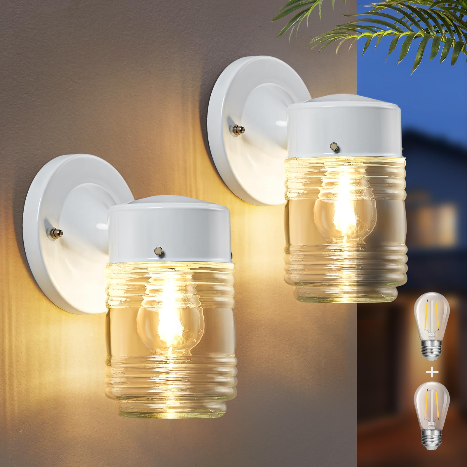 Ejiaxin 2 Pack Outdoor Wall Lantern - White Exterior Waterproof Wall Sconce Light Fixtures - Porch Lights Front Door Wall Lighting With Clear Glass Shade E26 Socket Wall Lamp For Patio Entryway