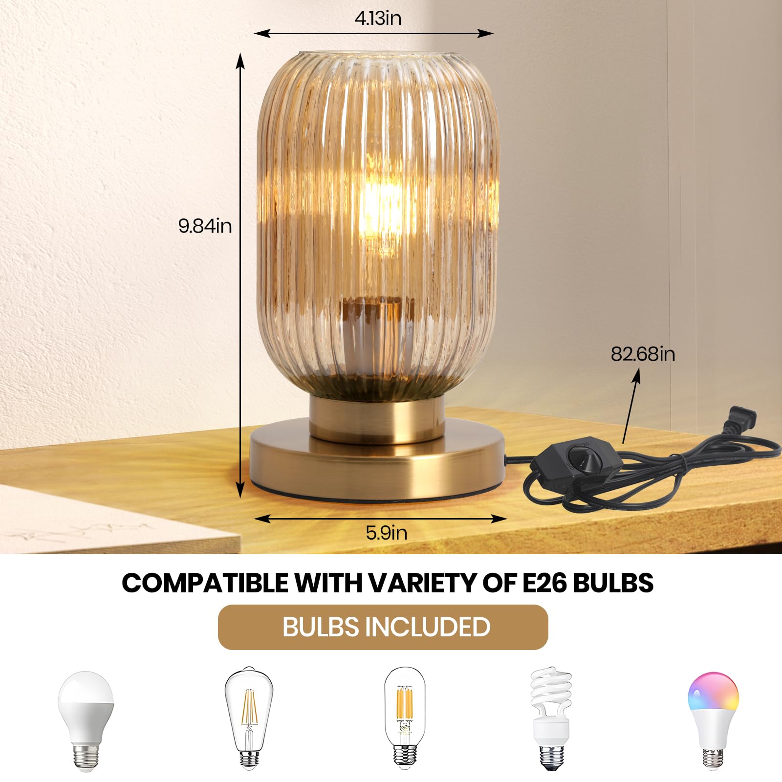 Meishideng Bedside Table Lamp Dimmable Mid Century Modern Lamp Glass Table Lamps Globe Gold Desk Lamp Nightstand Light With Ambe