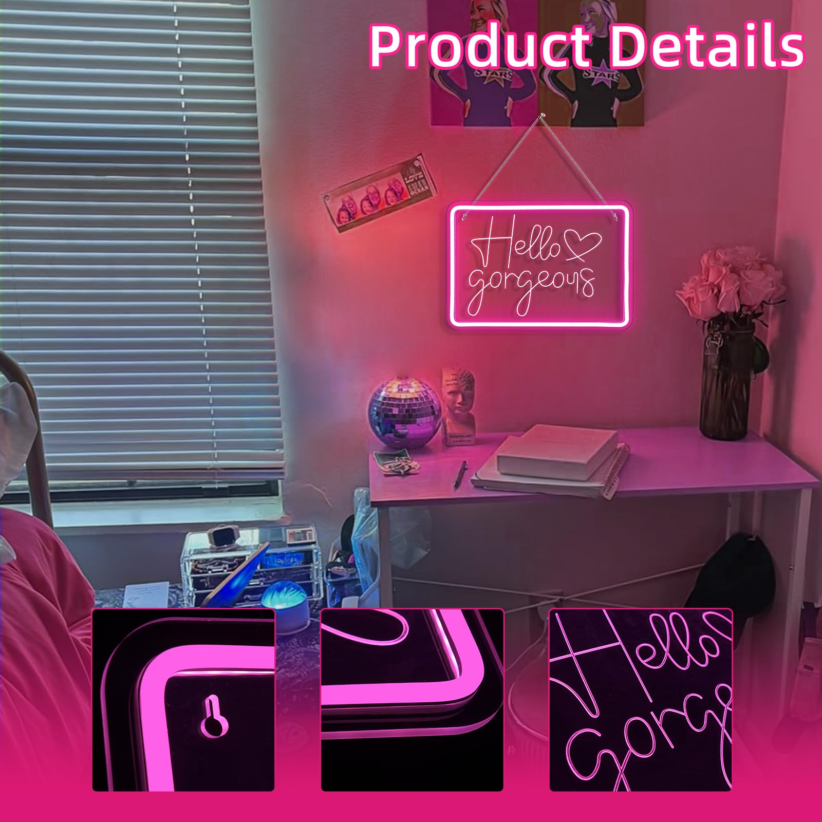 LUCUNSTAR Neon Sign, LED Wall Decor, Dimmable USB Light, 50cm, Pink, inHello Gorgeousin