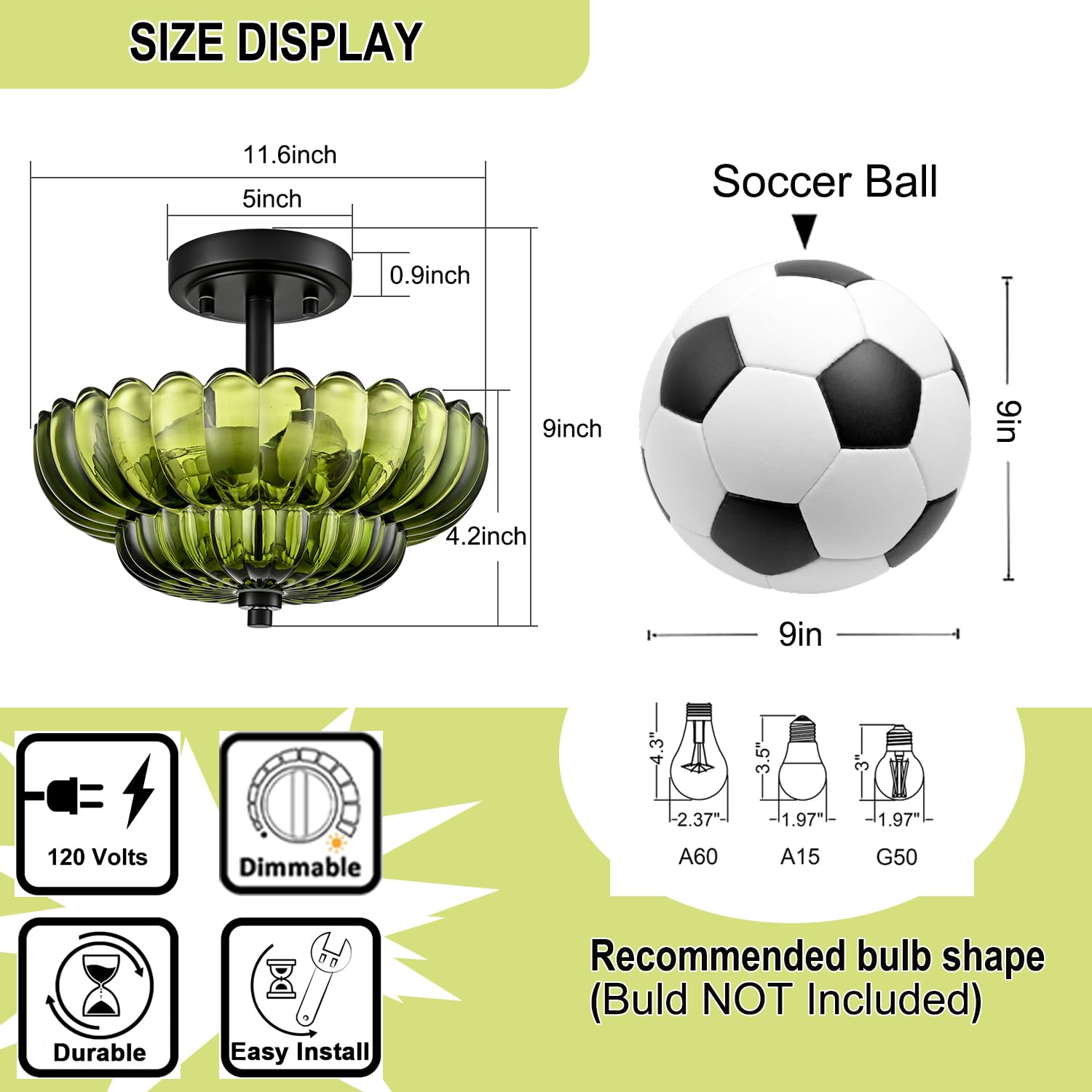 Semi Flush Mount Ceiling Light Fixture  Green Glass 3-Light Modern Vintage Ceiling Lights  Scalloped Close To Ceiling Light  Black Base Flush Mount Ceiling Light For Hallway Bedroom Entryway Kitchen