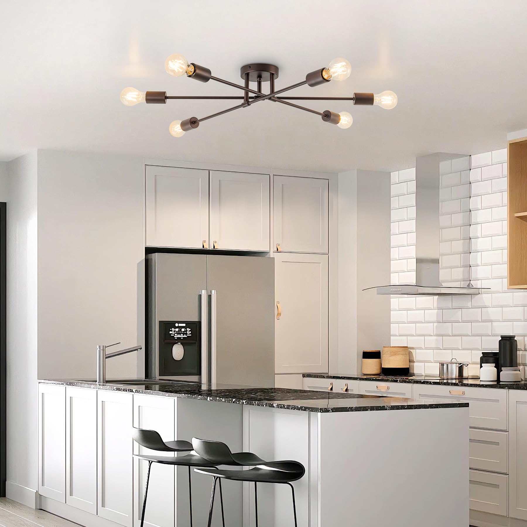 Brknit 6-Light Sputnik Chandeliers, Oil Rubbed Bronze Modern Semi Flush Mount Ceiling Light With E26 Base, Mid Century Industria