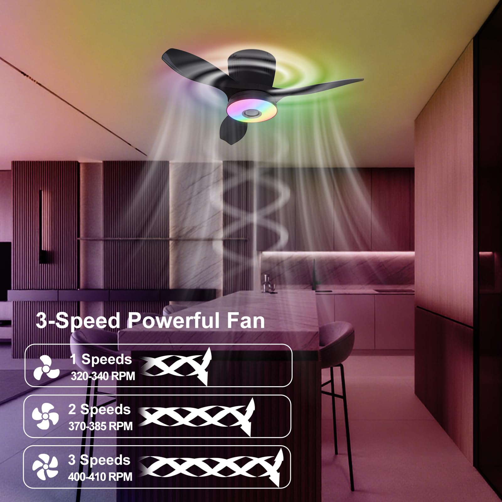 WVMNQO RGB Fan Light with Bluetooth Speaker, 21 Low Profile Ceiling Fan with Light Remote Control, 3CCT Stepless Dimmable, Night