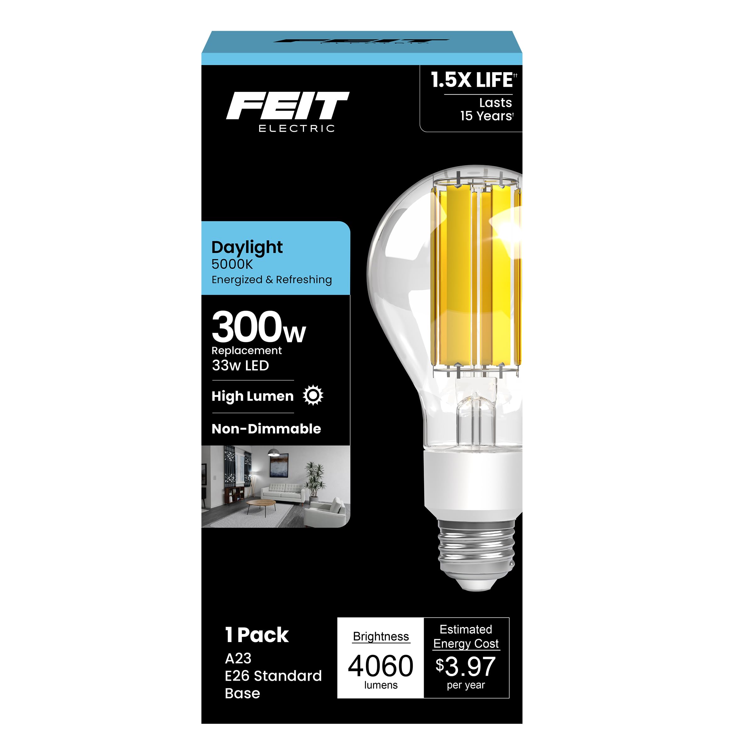 Feit Electric High Lumen A23 LED Light Bulb, 33W (300W Equivalent), 4060 Lumens, 5000K Daylight, Clear Glass, 17,000-Hour Lifeti