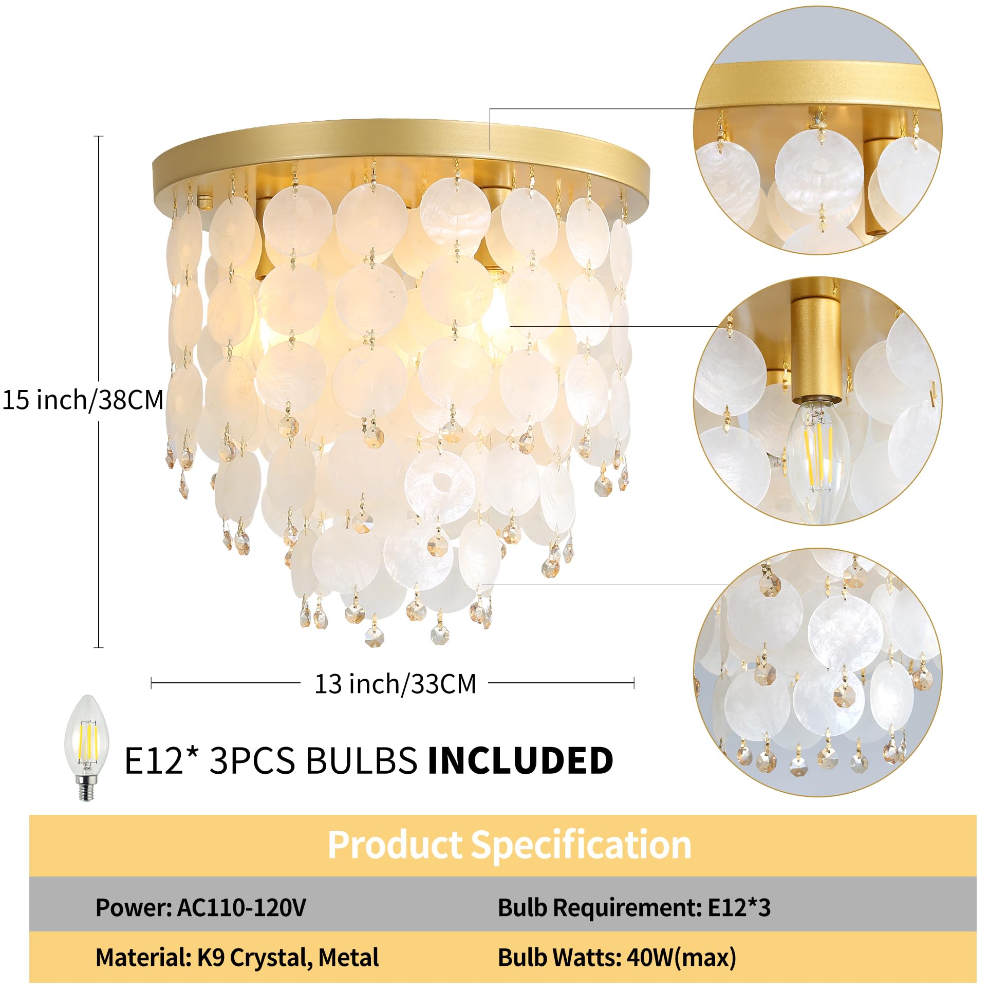 13&quot; Flush Mount Chandelier Natural Capiz Shell Ceiling Light 3 Light Mini Chandelier Gold Crystal Chandelier Hallway Light Fixtures Ceiling For Bedroom Kitchen Island Dinning Room Bulb Included