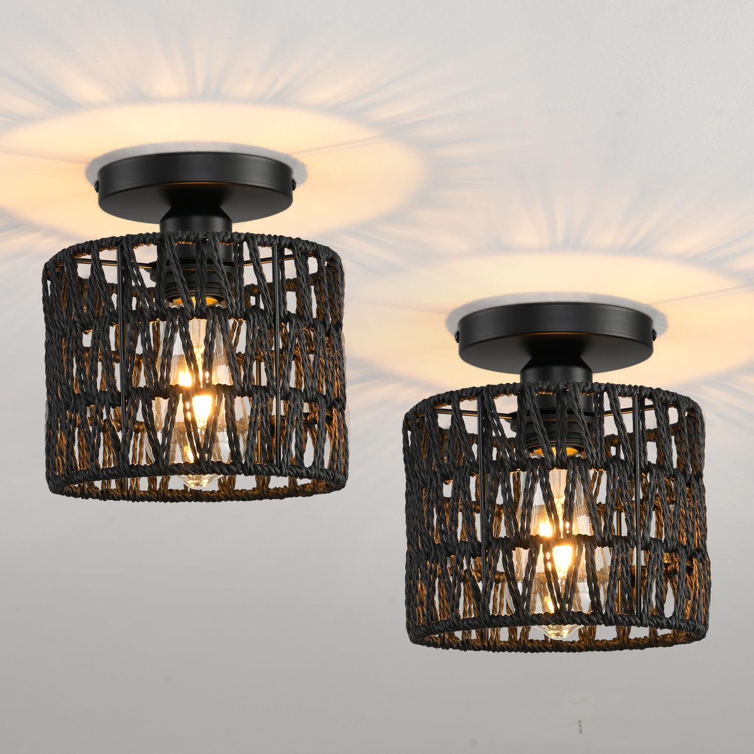 KENMI Ceiling Light Fixture, Hand-Woven Rattan Flush Mount, 2 Pack Black, Metal, Model C1, Farmhouse Boho Style for Living Room, Hallway, Kitchen