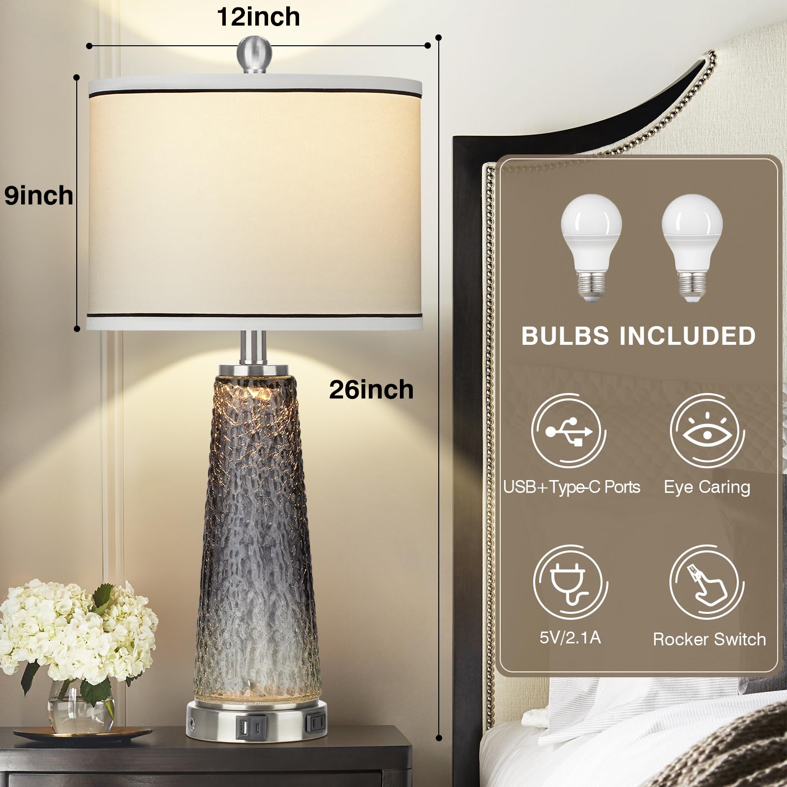 Lolikit Glass Table Lamp Set of 2, 26" Modern Touch Control with USB Ports, Black, Well-made Fabric, 4 Bulbs Included