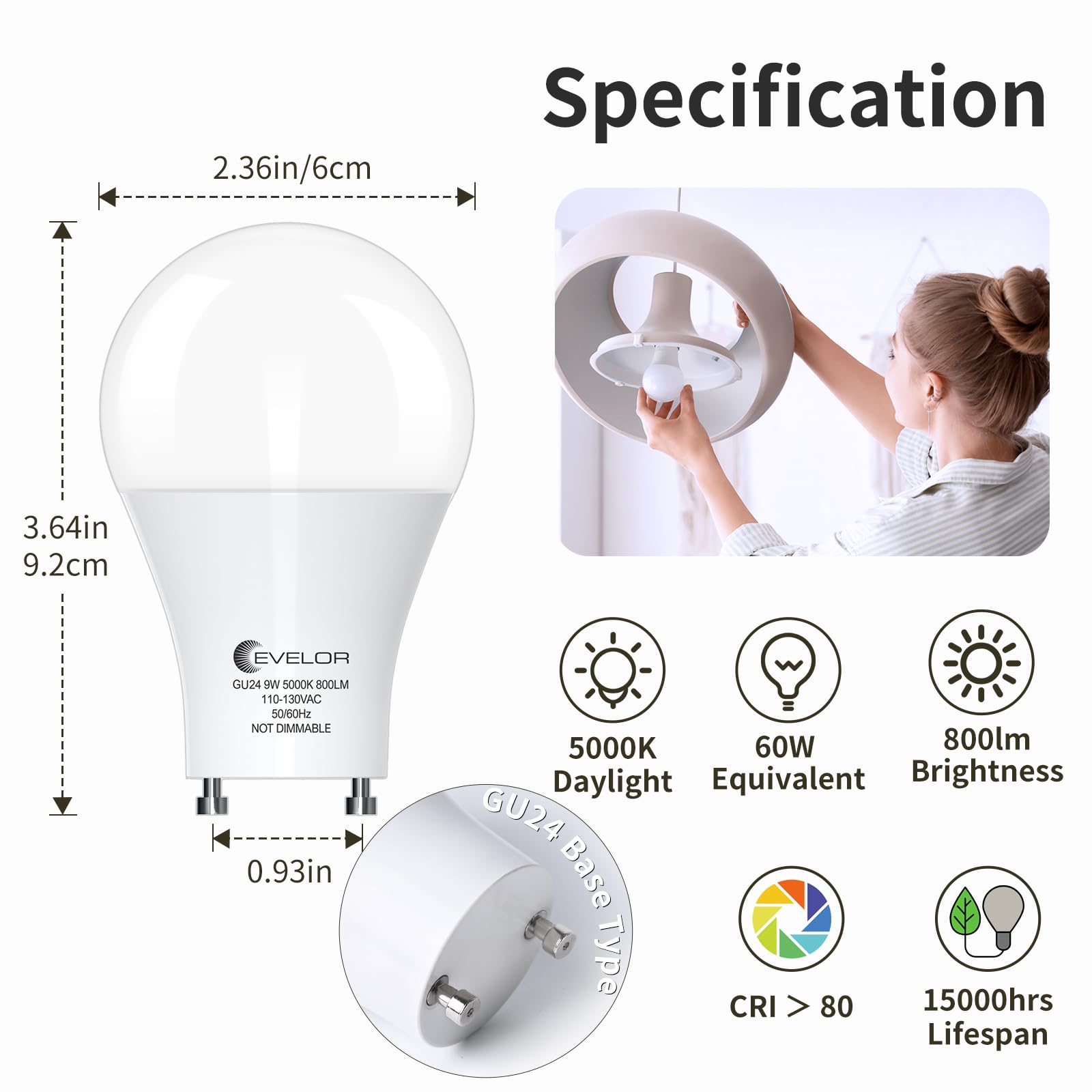 Evelor Gu24 Led Light Bulb,60 Watt Equivalent Daylight White 5000K,Non-Dimmable,Efficient 9W,800 Lumens 2 Prong Light Bulbs,1500