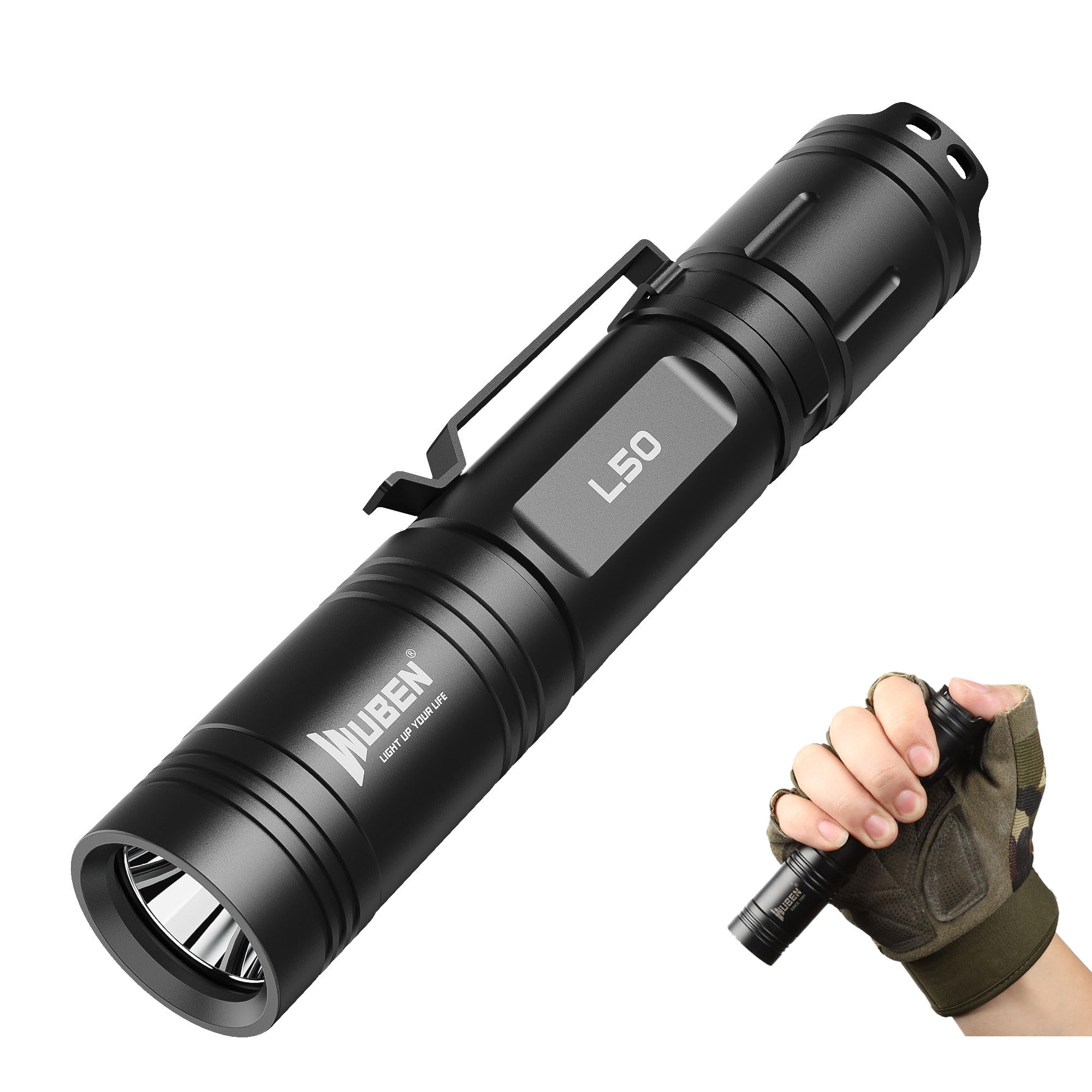 WUBEN L50 Rechargeable Flashlight, 1200 Lumens, 5 Modes, IP68 Waterproof, Black, Aluminum