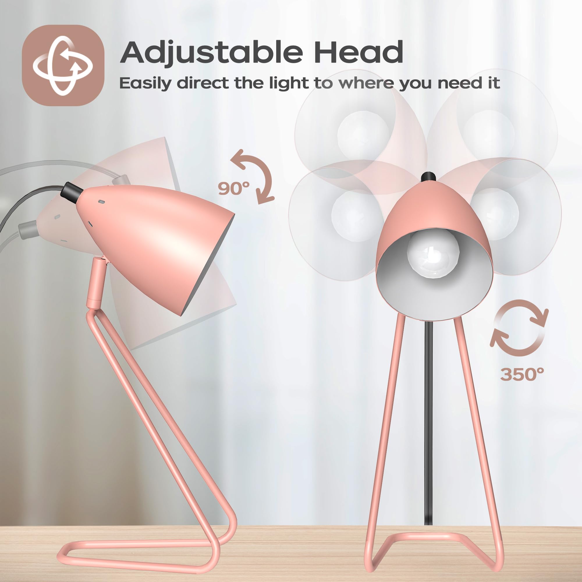 Partphoner Table Lamp Set Of 2, 350Rotatable Small Desk Lamp, Modern Pink Reading Bedside Lamps, Suitable For Study, Bedroom, Of
