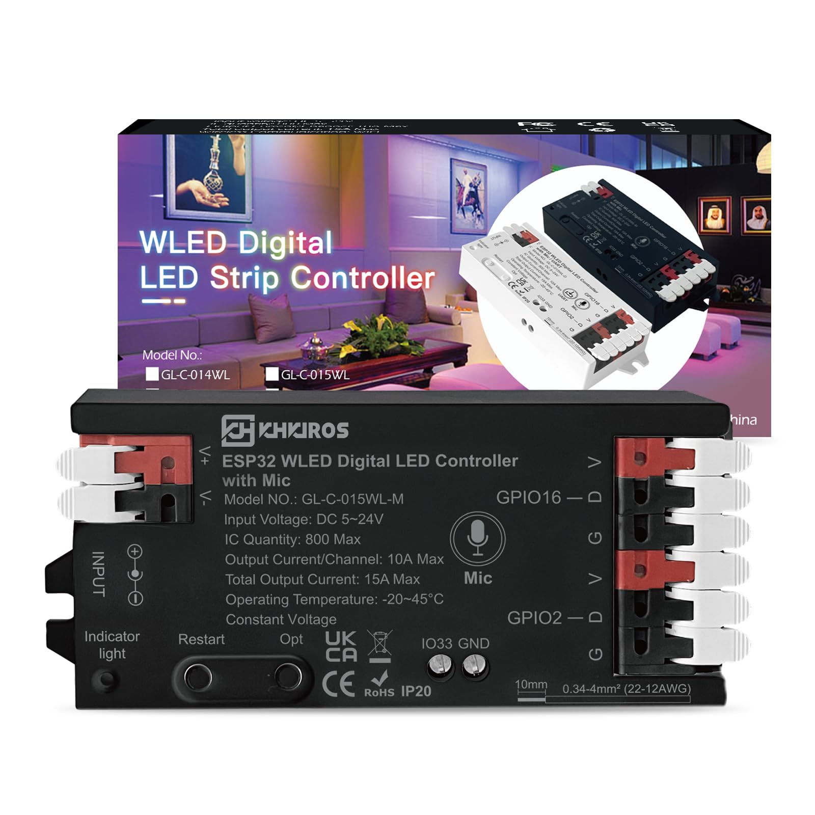 KHKJROS WLED Controller with Mic,5-24V ESP32 LED Strip Lights Controller Webserver Control (WS2812B,WS2811,SK6812) LEDs,SPI Base