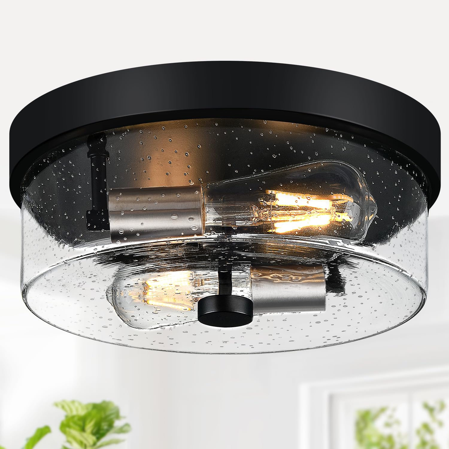 szzgco Flush Mount Ceiling Light Fixture, 2-Light, Black and Silver, Seeded Glass Lampshade, Model 0MTYX-013