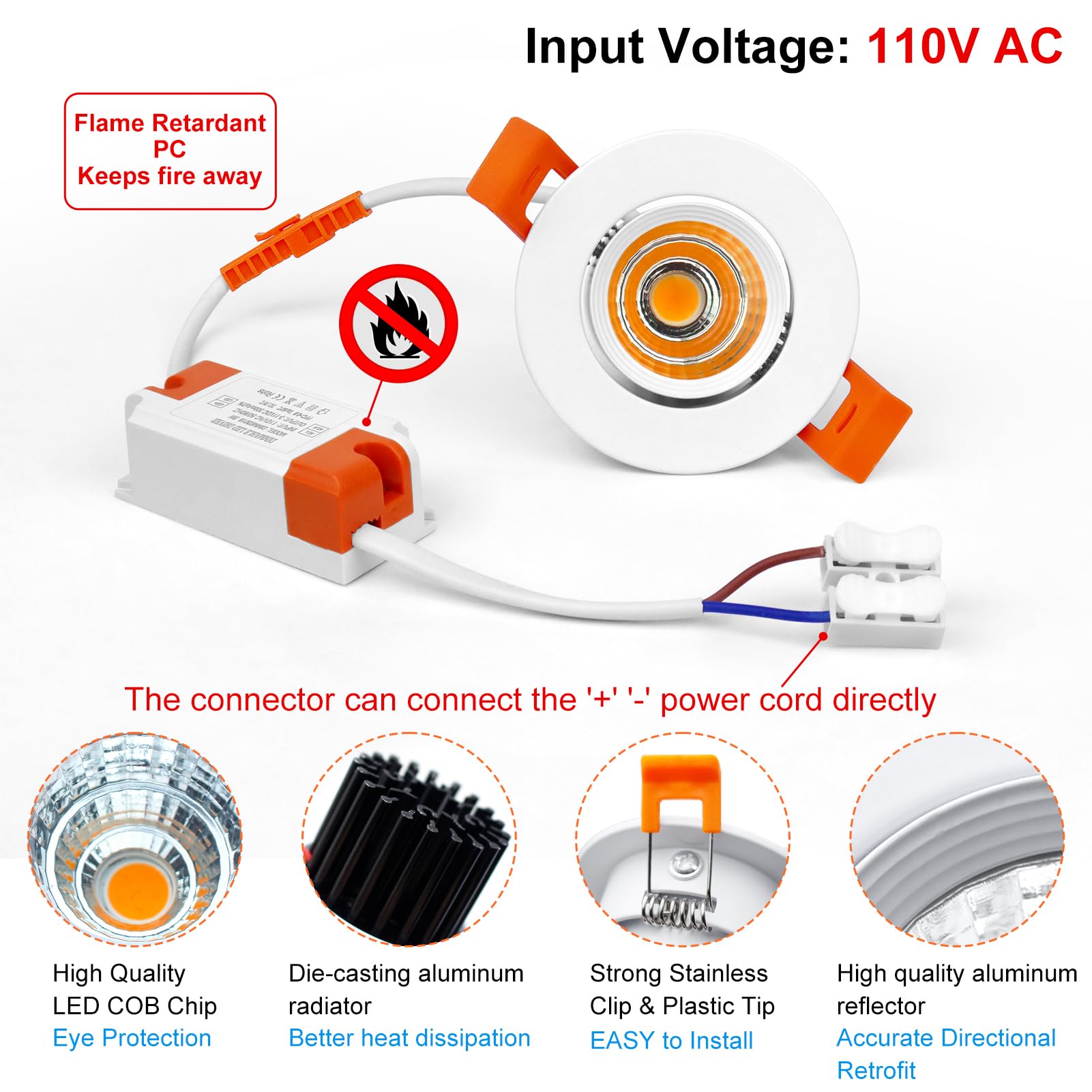 inShareplus 2 Inch LED Downlight, 3W Recessed Lighting COB Dimmable, 3000K Warm White, CRI80, Ceiling Lights with LED Driver, 6
