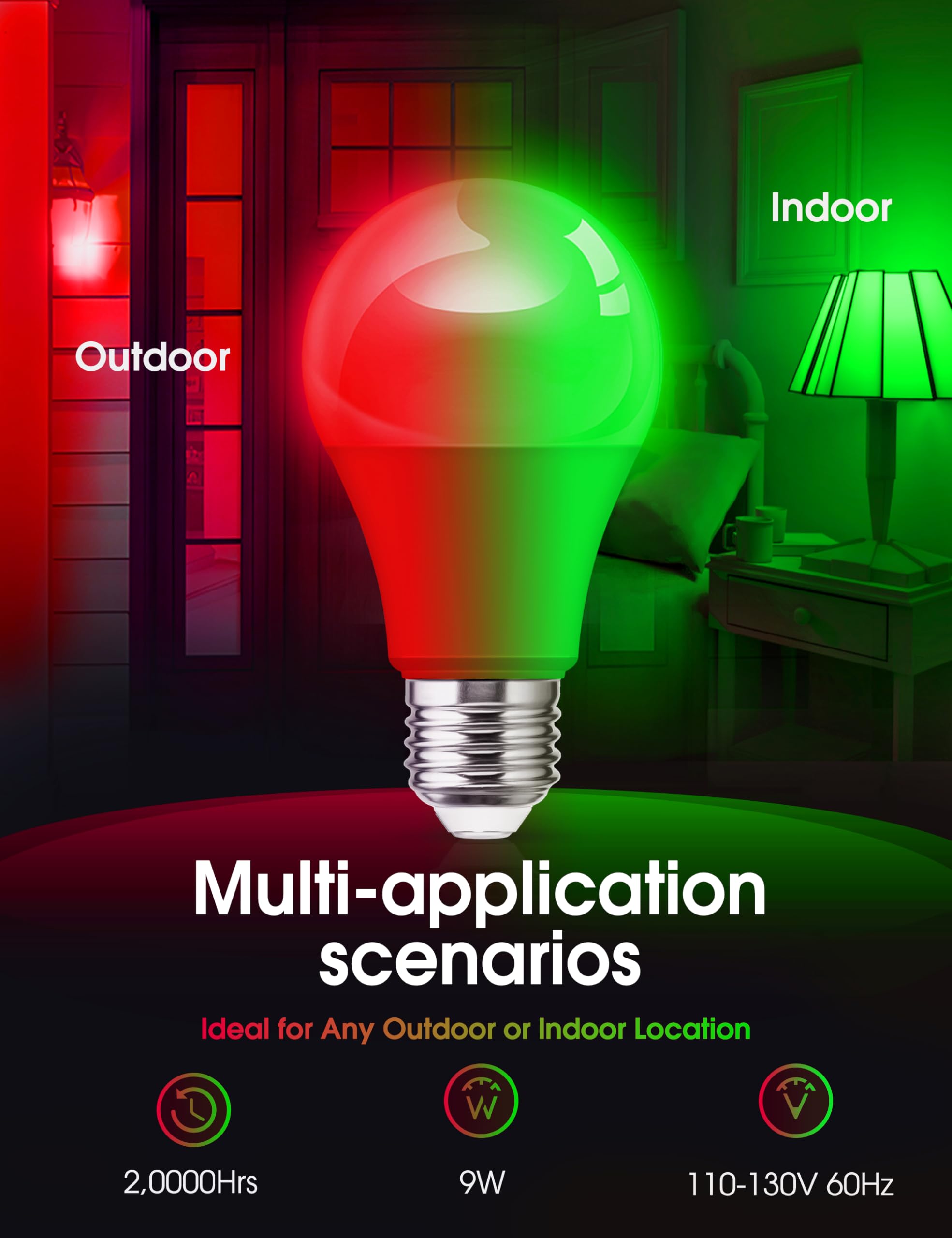 L LOHAS LED A19 Red & Green Light Bulbs, 9W 720LM, E26 Base, 4 Pack for Christmas Decoration