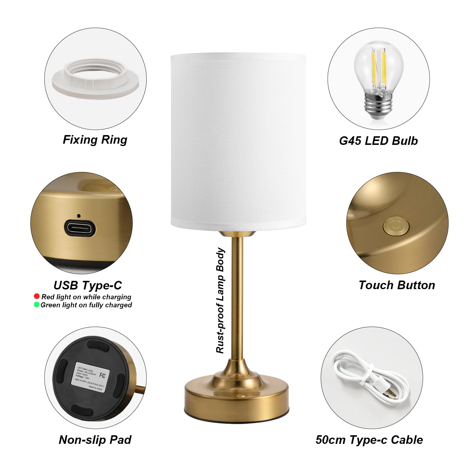 Touch Control Cordlss Table Lamp  Usb-C Rechargeable Lamp With Stepless Dimming  4000Mah Battery Operated Vintage Bedside Lamp For Bedroom  Living Room  Night Light & Emergency Lighting  Brass  1 Pack