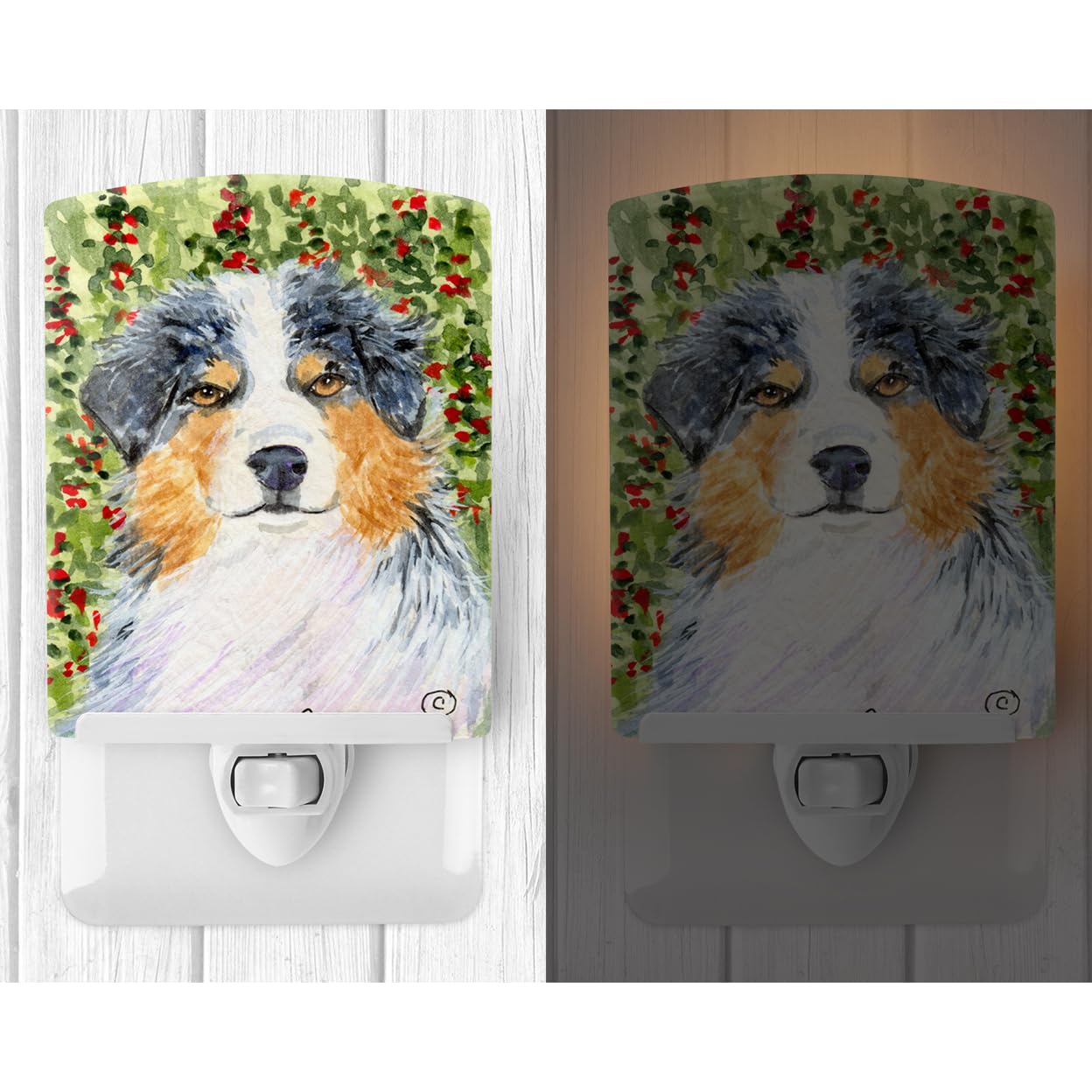 Caroline'S Treasures Ss8848Cnl Australian Shepherd Ceramic Night Light Compact, Ul-Certified, Ideal For Bedroom, Bathroom, Nursery, Hallway, Kitchen, 6X4X3, Multicolor