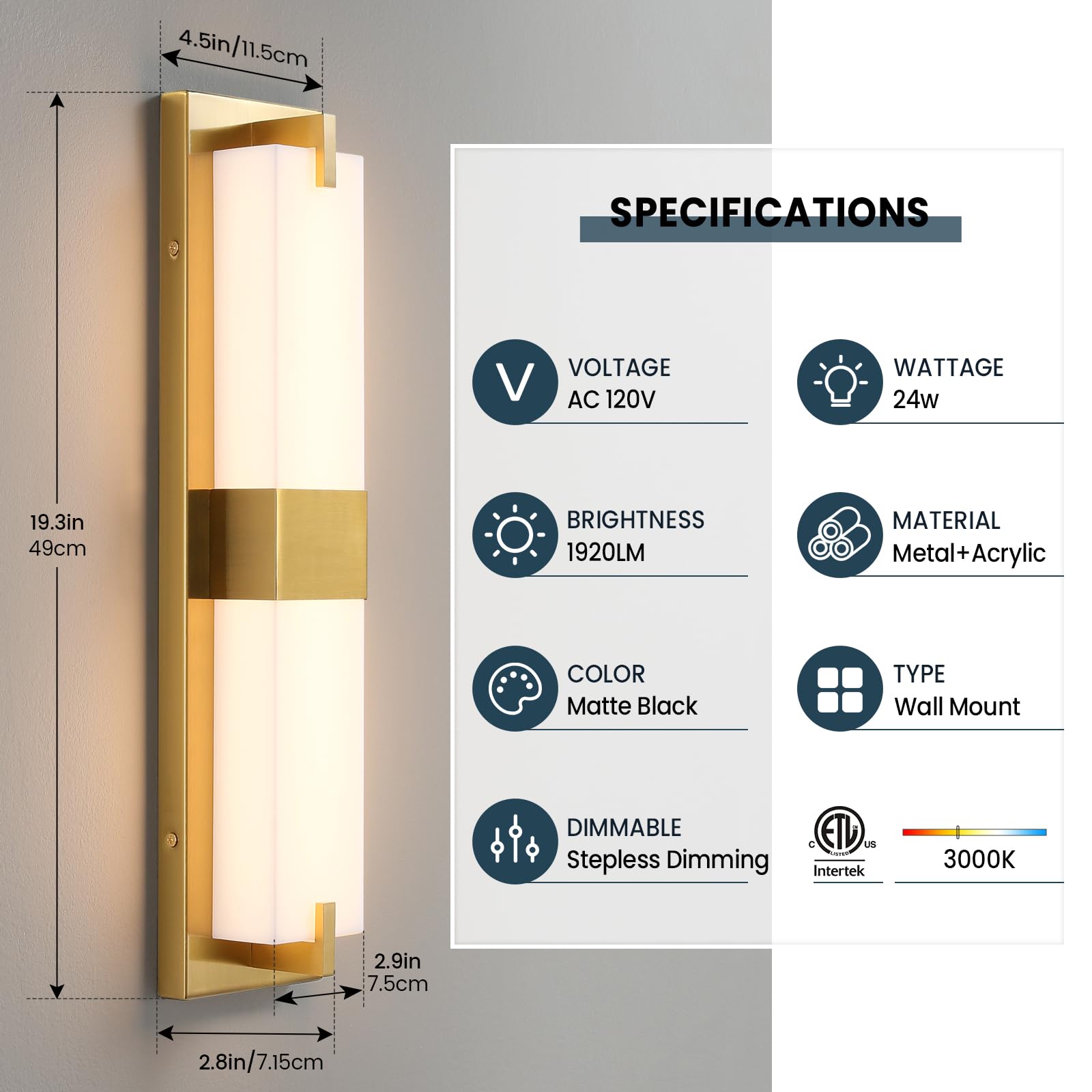 WOSHITU Gold Sconces Wall Lighting - 24W 3000K Wall Sconces LED Dimmable with Acrylic Shade Bathroom Vanity Lights for Bathroom,