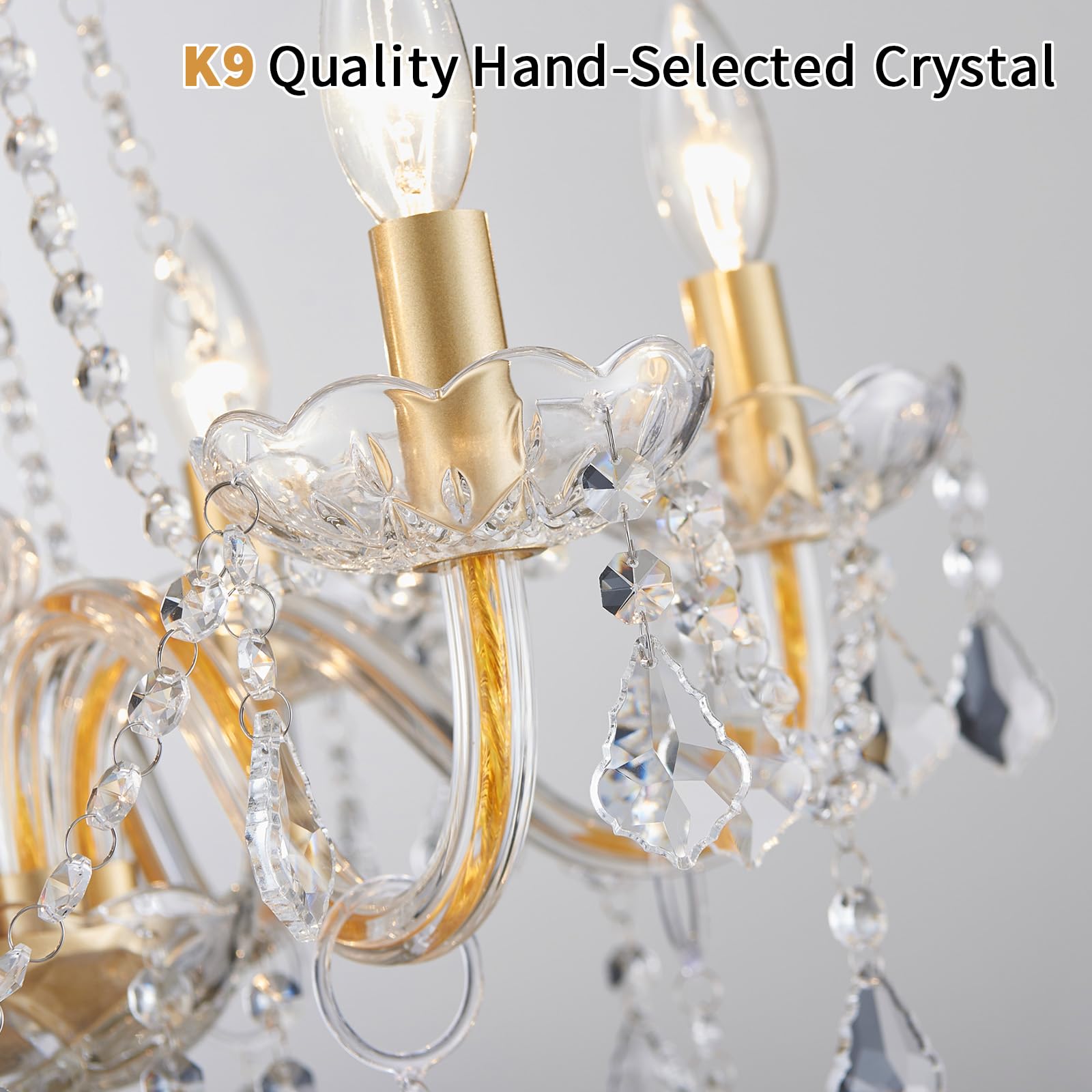 Crystal Chandelier Light Fixture, Modern K9 Crystal Chandeliers For Dining Room, 6-Lights Gold Ceiling Light, Adjustable Hanging