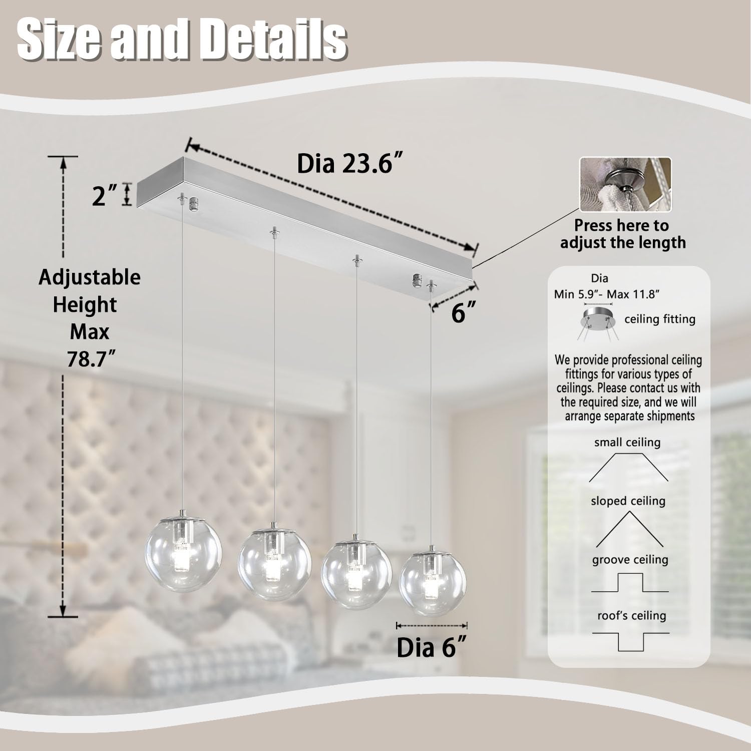 Ykolupty Modern Kitchen Island Lighting Linear Chandeliers For Dining Room 4-Light Glass Globe Hanging Pendant Light For Living