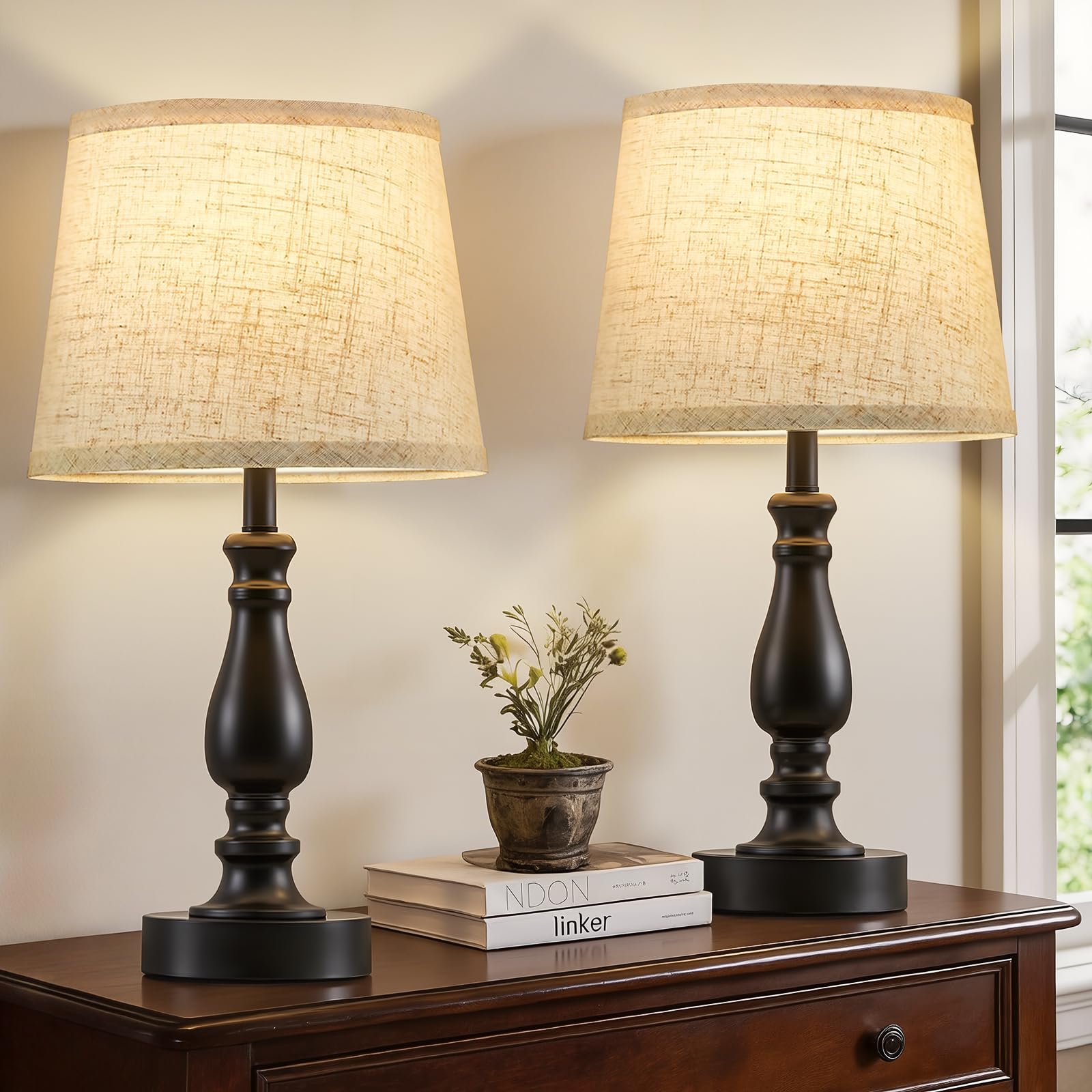EJIAXIN Table Lamp Set of 2-19 Small Bedside Lamps Modern Lamp for Bedroom Living Room Lamps for Night Stands - Desk Lamps for Home Office End Tables Nightstand Lamps with Beige Linen Shades
