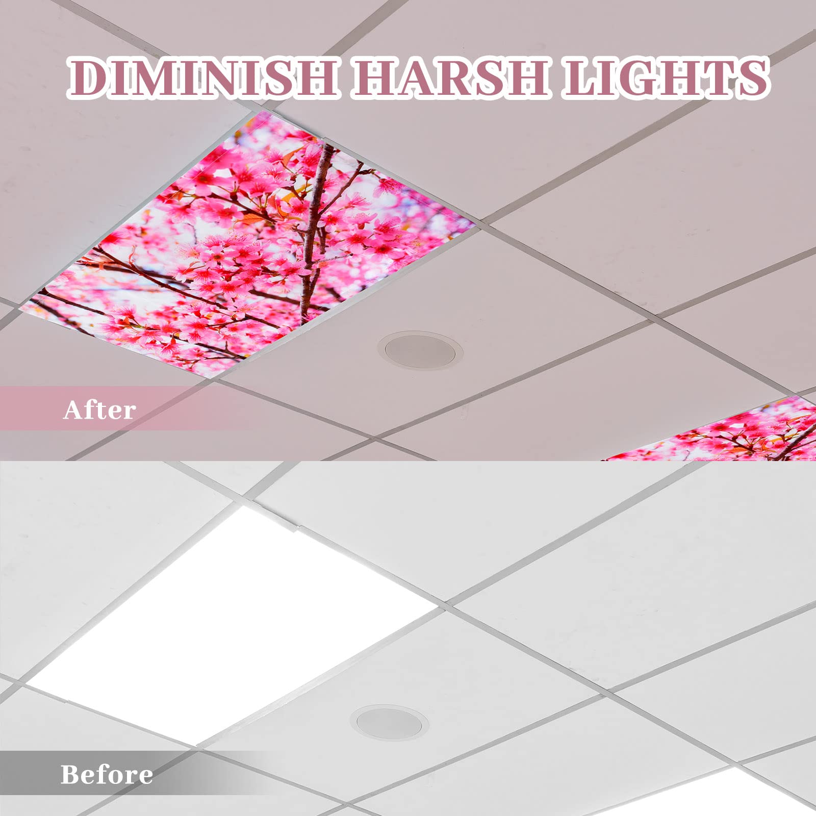 Hortsun Fluorescent Light Covers 4 Pack Magnetic Ceiling Shade Filters 4x2 Feet Cherry Blossoms