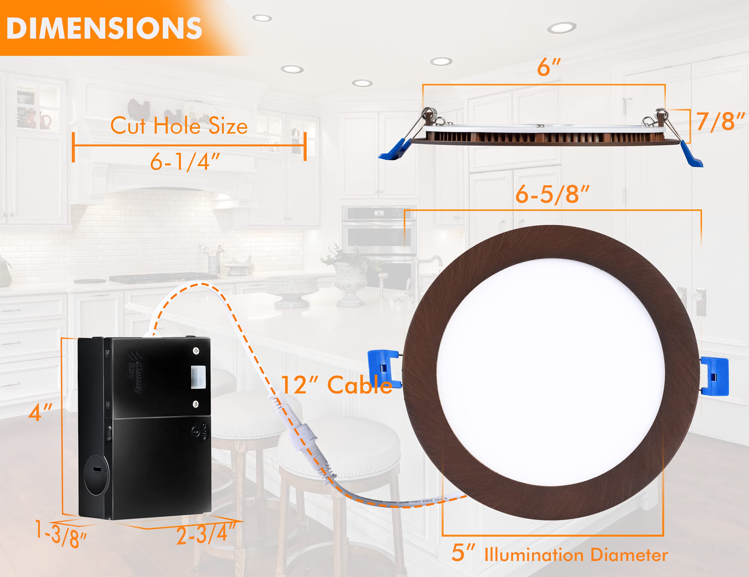 Cloudy Bay 6 Inch 3000K/ 4000K/ 5000K Three Color Temperature Selectable,Dimmable 15W Cri90+,Ultra Thin Led Recessed Light With
