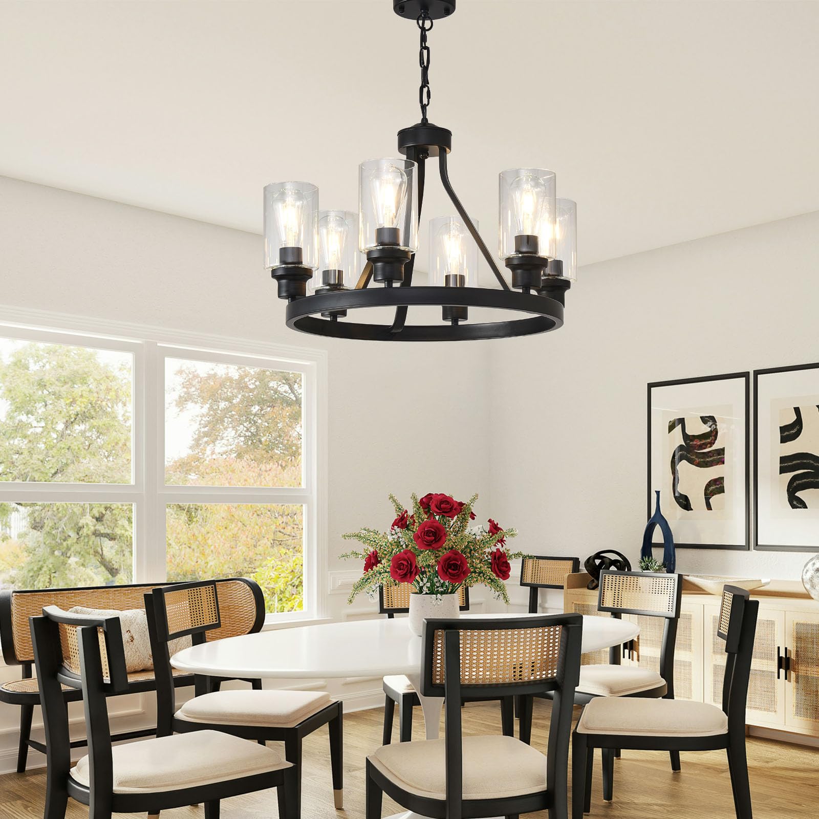 LOFTPLUS Farmhouse 6-Light Black Chandelier with Glass Shade for Dining Room, Living Room, Kitchen Island, Entryway