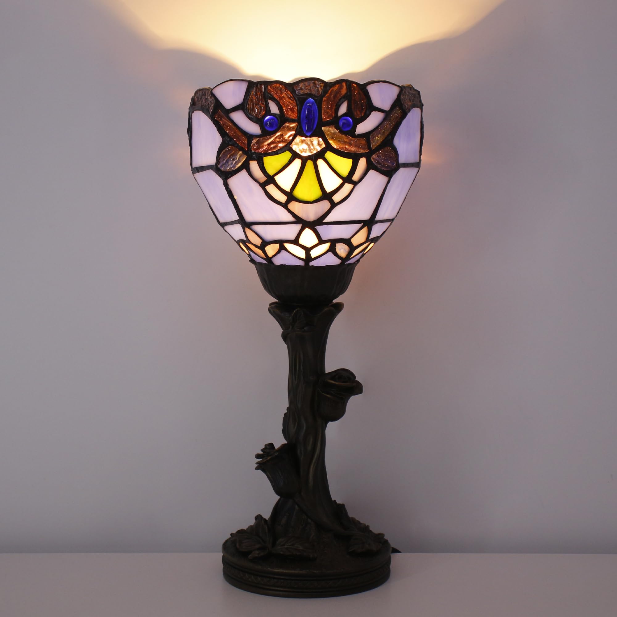 Avivadirect Small Tiffany Lamp Stained Glass Table Lamp Desk Uplight 6X6X13.5 Inch For Bedroom Bedside Office (Blue Baroque)
