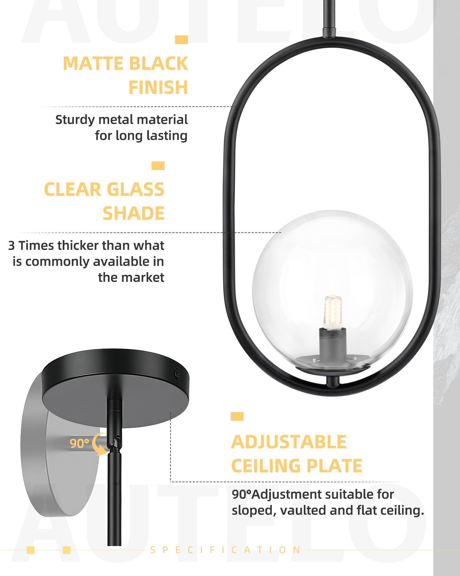 Autelo 1-Light Matte Black Pendant Lights Kitchen Island  Kitchen Pendant Lighting Over Island With Clear Globe Glass  Black Hanging Lamp With Adjustable Rod For Kitchen Island H9376 Clbk