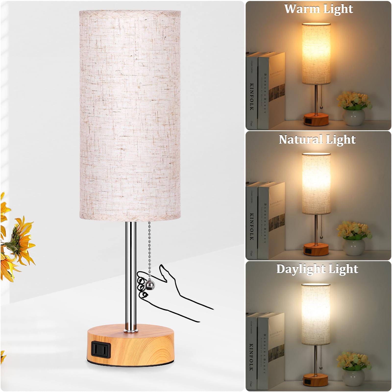 Dott Arts Table Lamp For Bedroom  3-Color Bedside Lamps With Pull Chain  Bedroom Table Lamps For Nightstand Ac Outlet Small Lamp For Living Room  Bulb Included Oatmeal