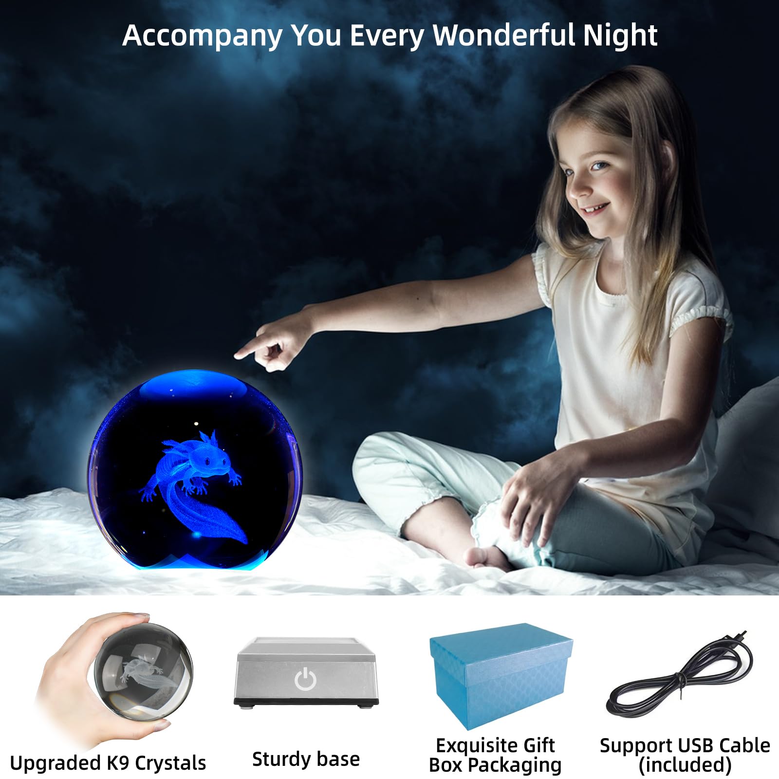 3D Axolotl Crystal Ball Night Light 3.15 Inch Glass Ball Table Lamp With Color Changing Touch Base Axolotl Decor Ideal Gifts For