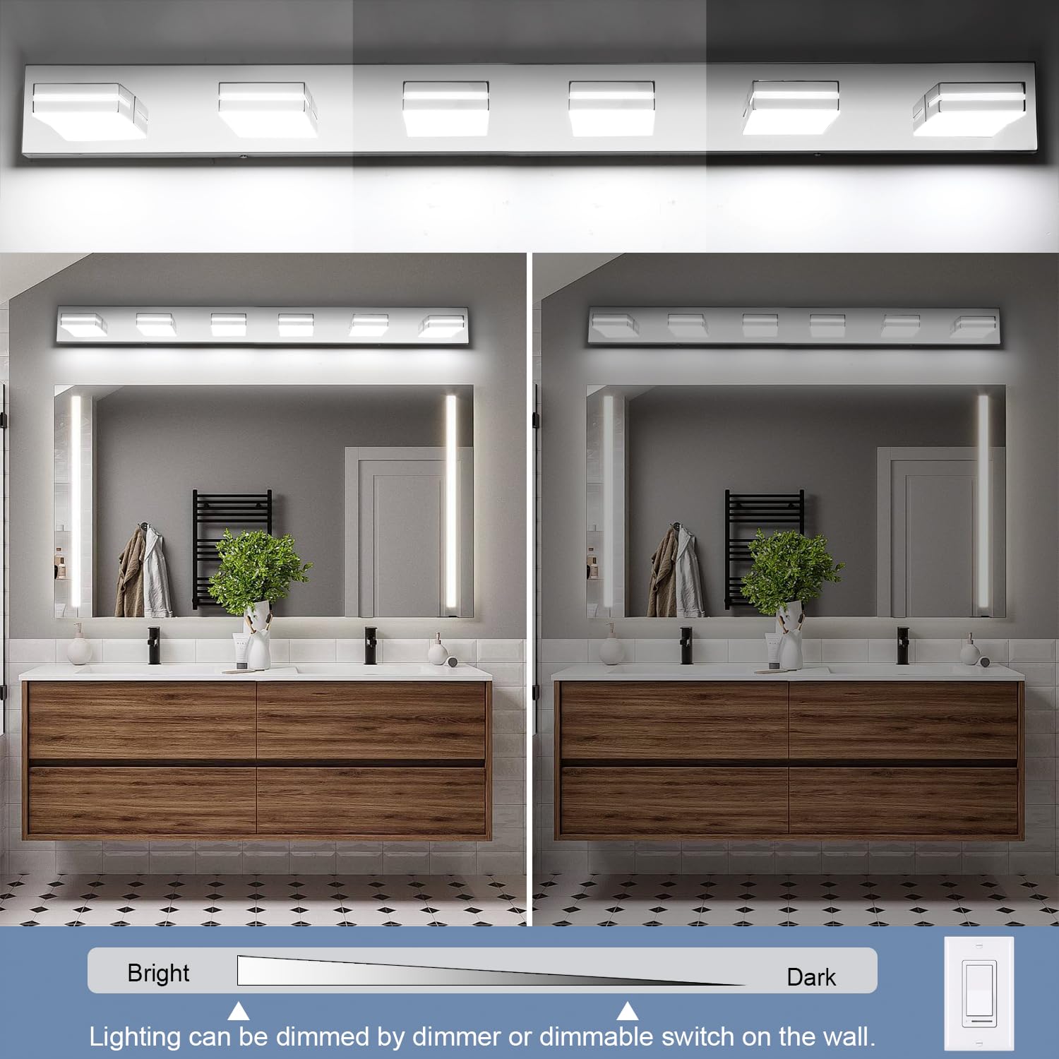 Sinerise Led Modern Bathroom Vanity Light Fixtures (6-Light, 48-Inch, Dimmable), Chrome Modern Acrylic Bathroom Wall Lighting Fi