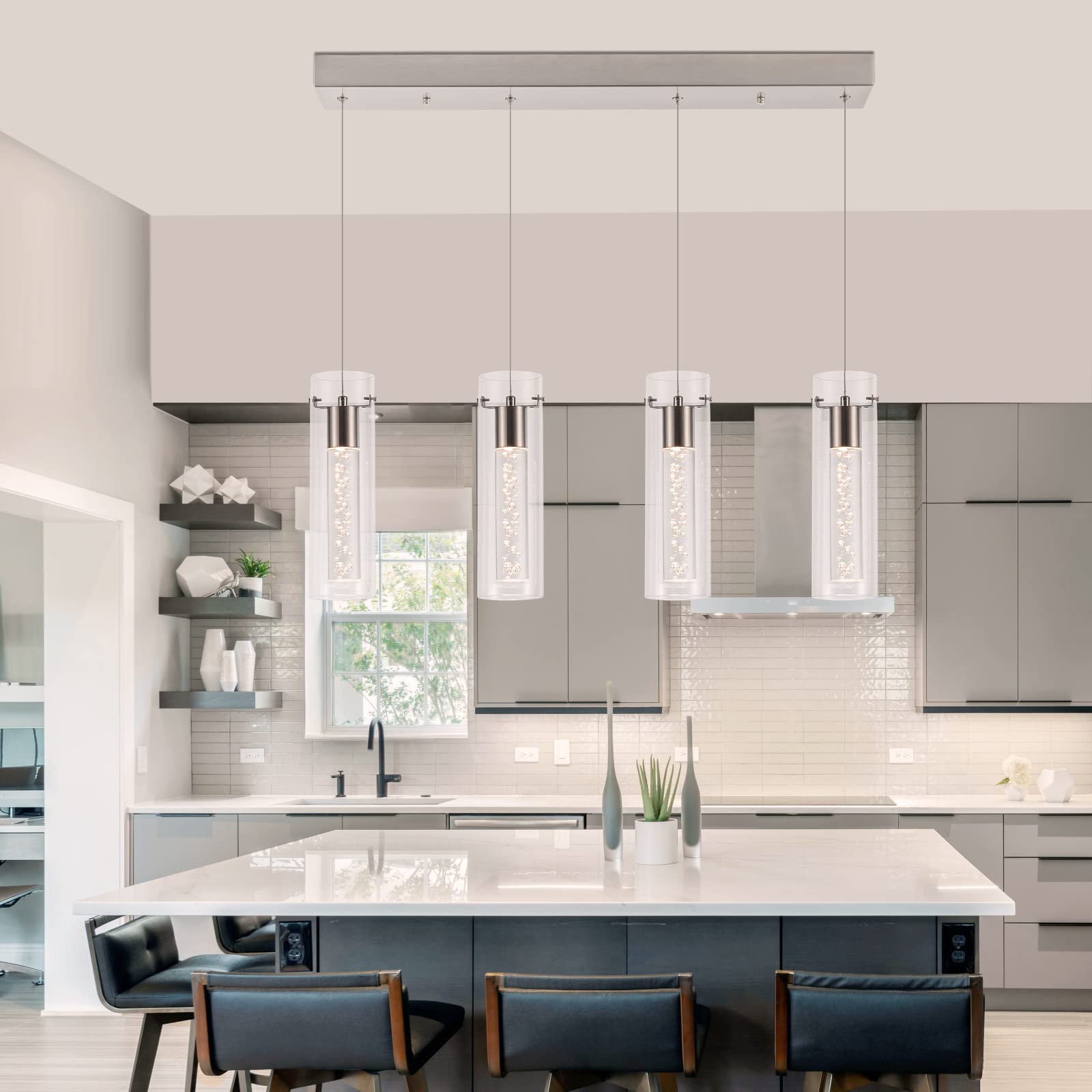 Dimmable Hanging Pendant Lights With Remote, Integrated 4-Light Pendant Lighting Brushed Nickel Finish, Tri-Color Pendant Lights