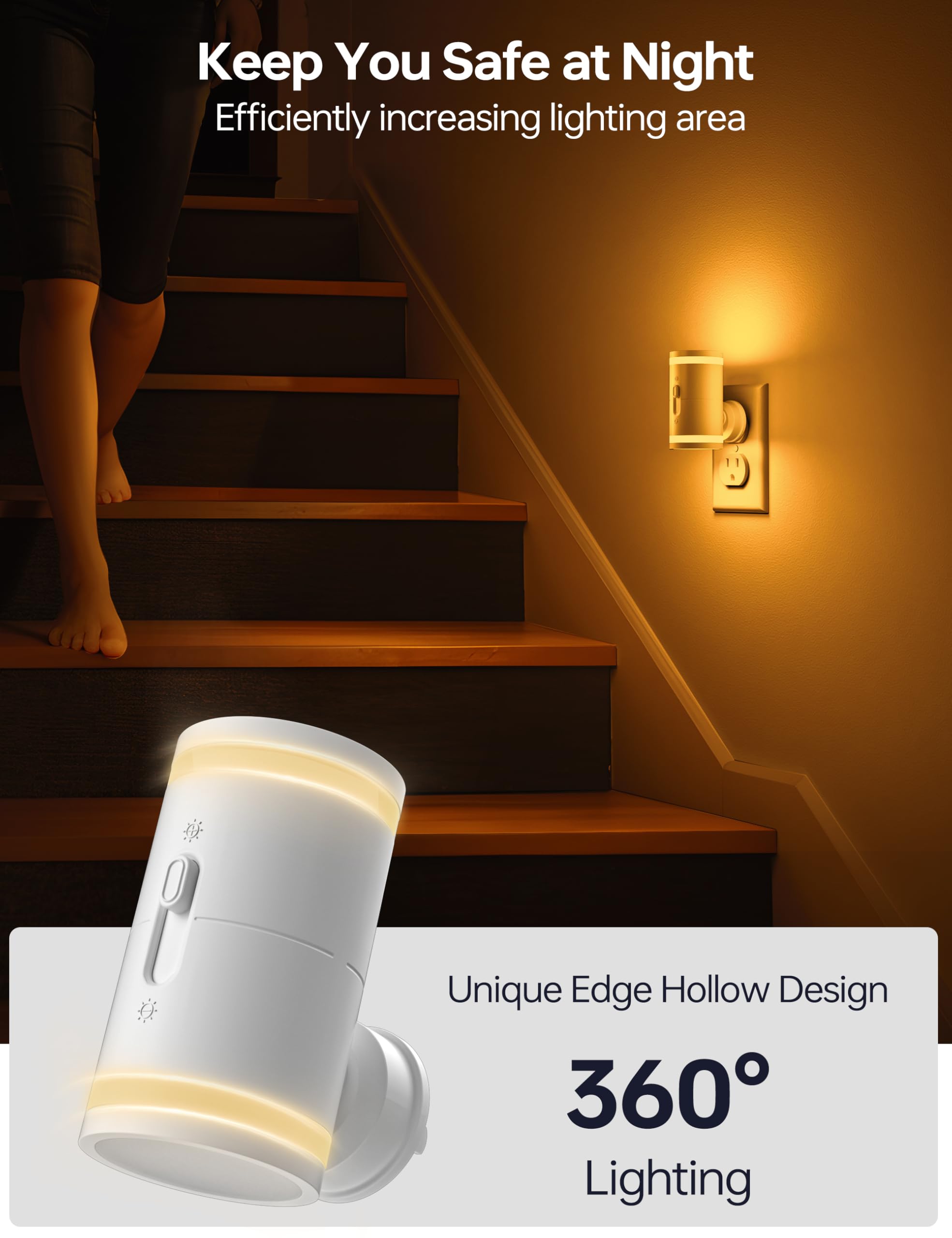 KINDEEP Night Light Plug into Wall with Dusk to Dawn Sensor, Amber, 5-120LM Adjustable Brightness, 2 Pack