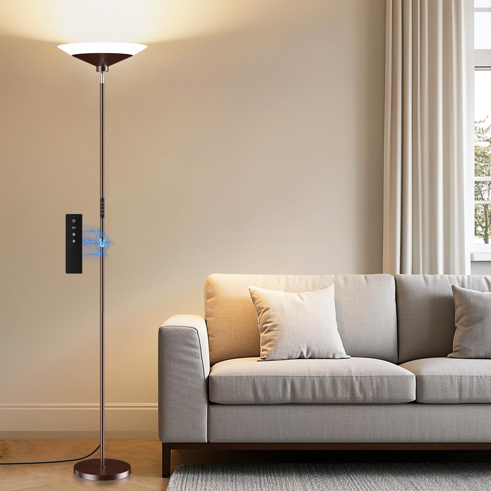 SIBRILLE Brown Torchiere Floor Lamp - 30W Dimmable LED Standing Lamp with Remote, 4 Color Temps, Stepless Dimming, 3000-6500K, 1