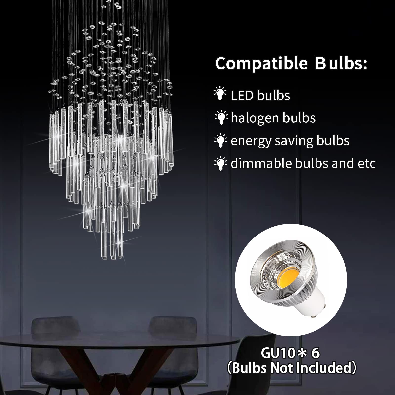 CRYSTOP 6-Light Modern Raindrop Crystal Chandelier, High Ceiling Pendant Light, Silver, 15.7" x 47.2"