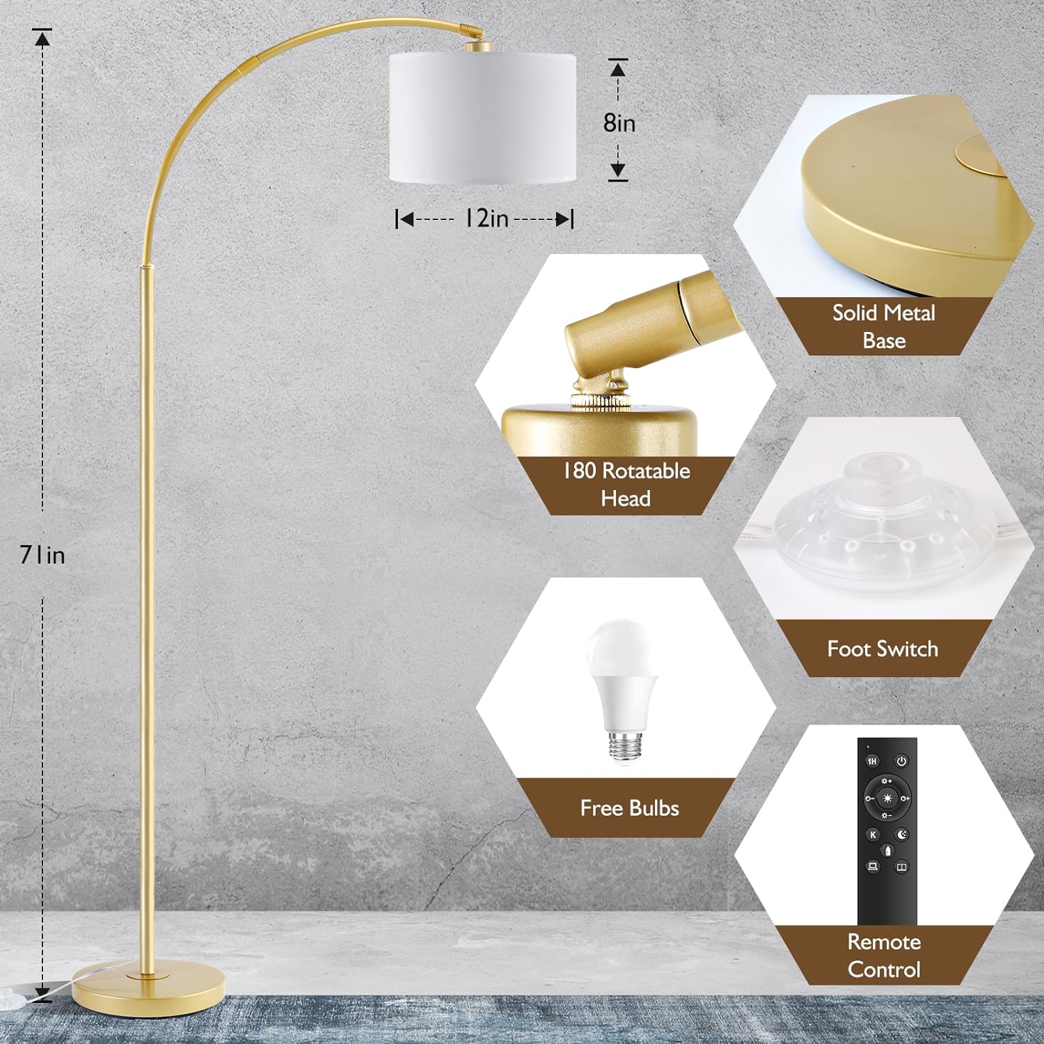 Arc Floor Lamps For Living Room, Modern Remote Control Standing Flamp With Stepless Dimmable, Gold Tall Lamp With White Drum Sha