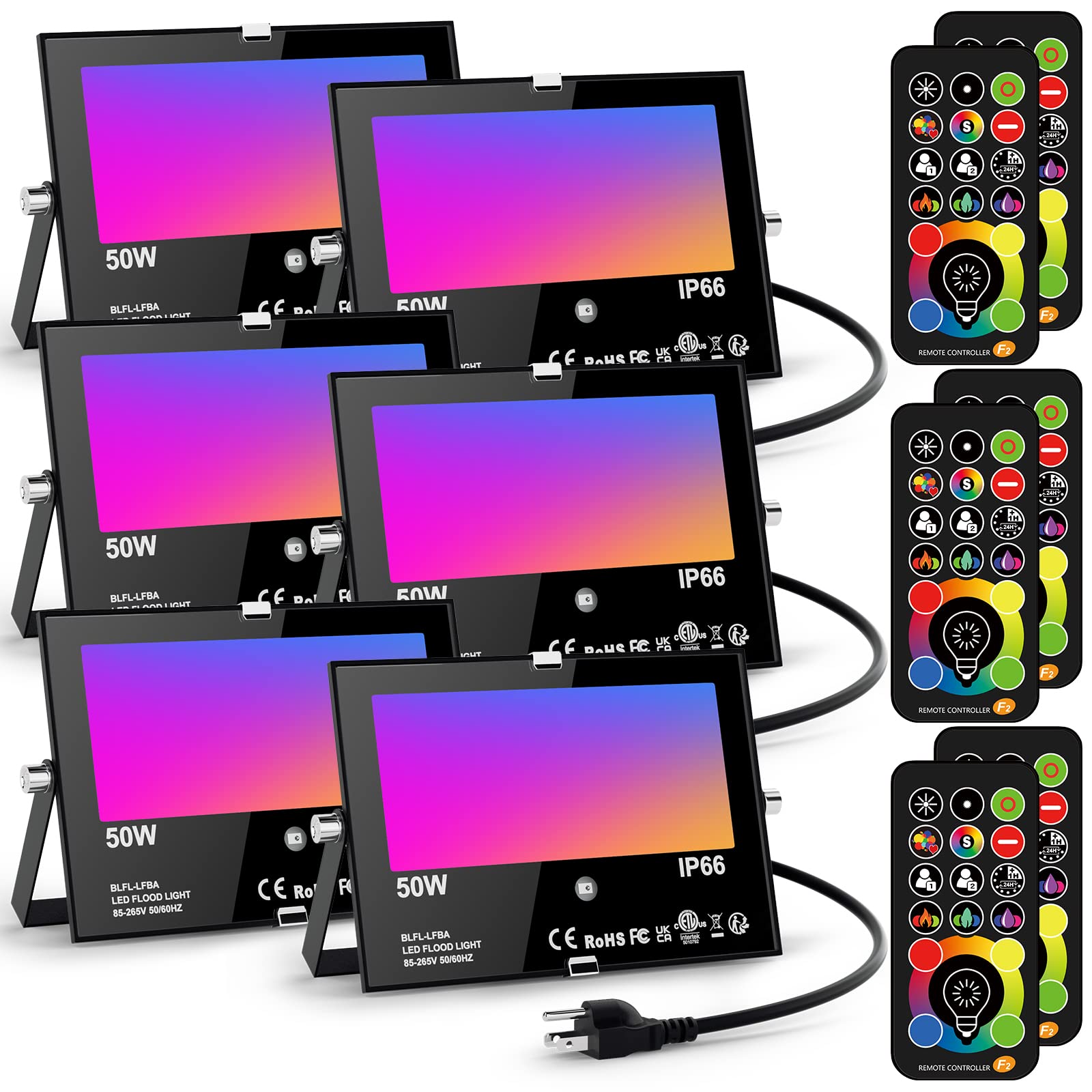 HYDONG LED Flood Light 500W Equivalent Color Changing RGBW 6-Pack IP66 Waterproof, 2700K Warm White, DIY Flash, 120 Colors