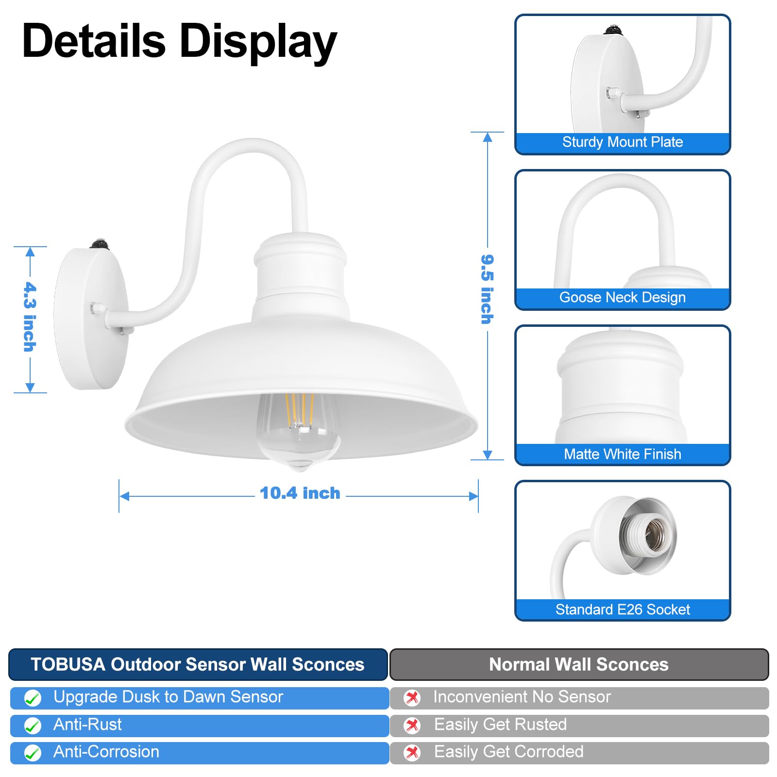 Tobusa 2-Pack Dusk To Dawn Outdoor Wall Lights, Exterior Farmhouse Gooseneck Barn Light, White Vintage Outside Wall Mount Light