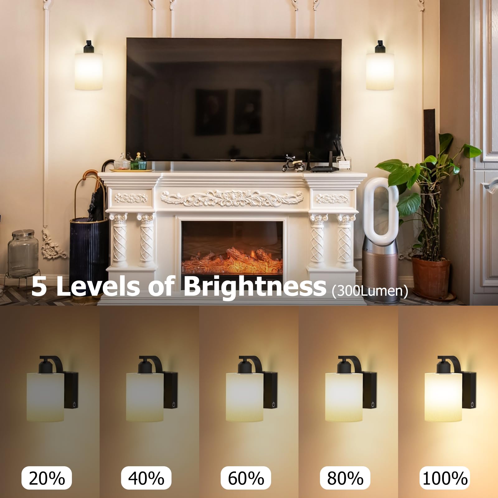 iThird Wall Sconce Set of 2, 6000mAh Rechargeable, Touch & Remote Control, Black, 8 Inch, Wireless Wall Lamps for Bedroom & Living Room