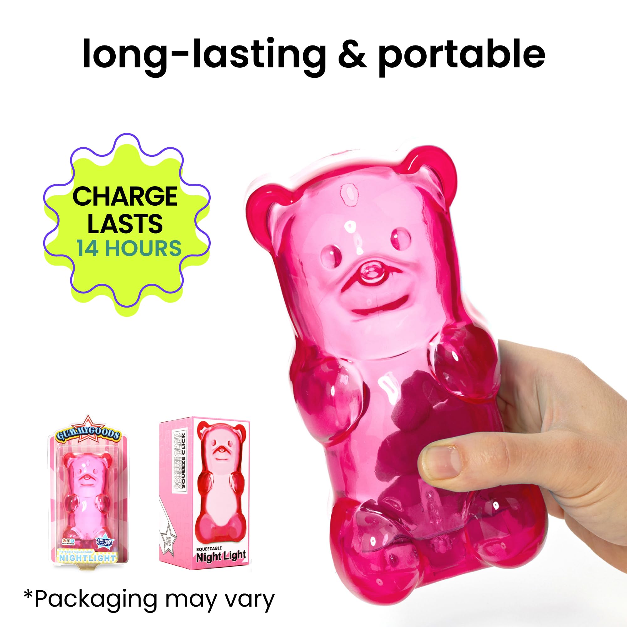 Gummygoods Squeezable Gummy Bear Night Light - Rechargeable, Portable, Squishy Lamp, 60-Min Sleep Timer - Christmas Gift for Kid