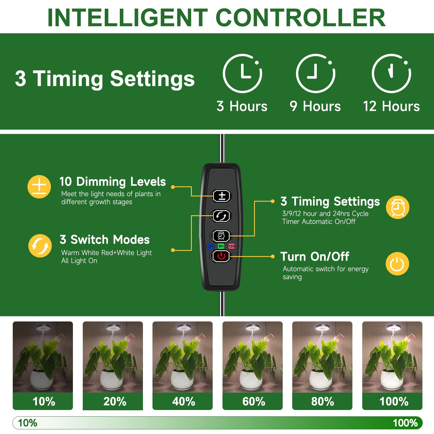 Aokrean Full Spectrum Plant Grow Lights, Height Adjustable, 3 Spectrums, 10 Brightness Levels, for Indoor Plants, 1 Pack, Black