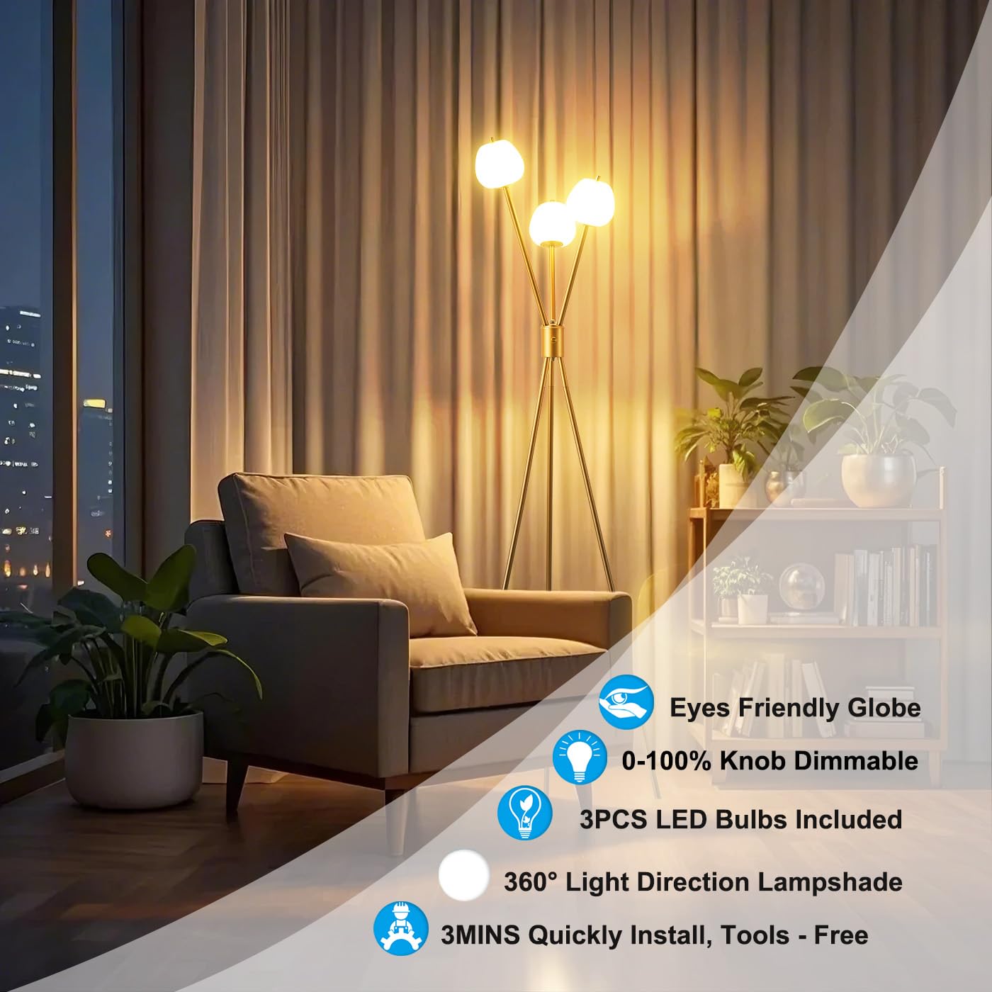Fiqevs Dimmable Tripod Floor Lamp For Living Room, Globe Mid Century Modern Floor Lamp With 3 Sphere Frosted Ball And Led Bulbs