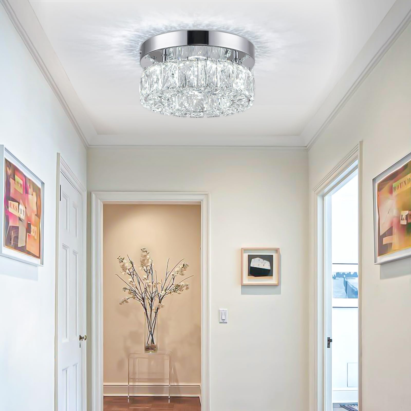 RHEAFON Mini Crystal Chandelier - 7.9" LED Flush Mount, K9 Crystal, Polished Stainless Steel, 6500K Cool White, Model MC003