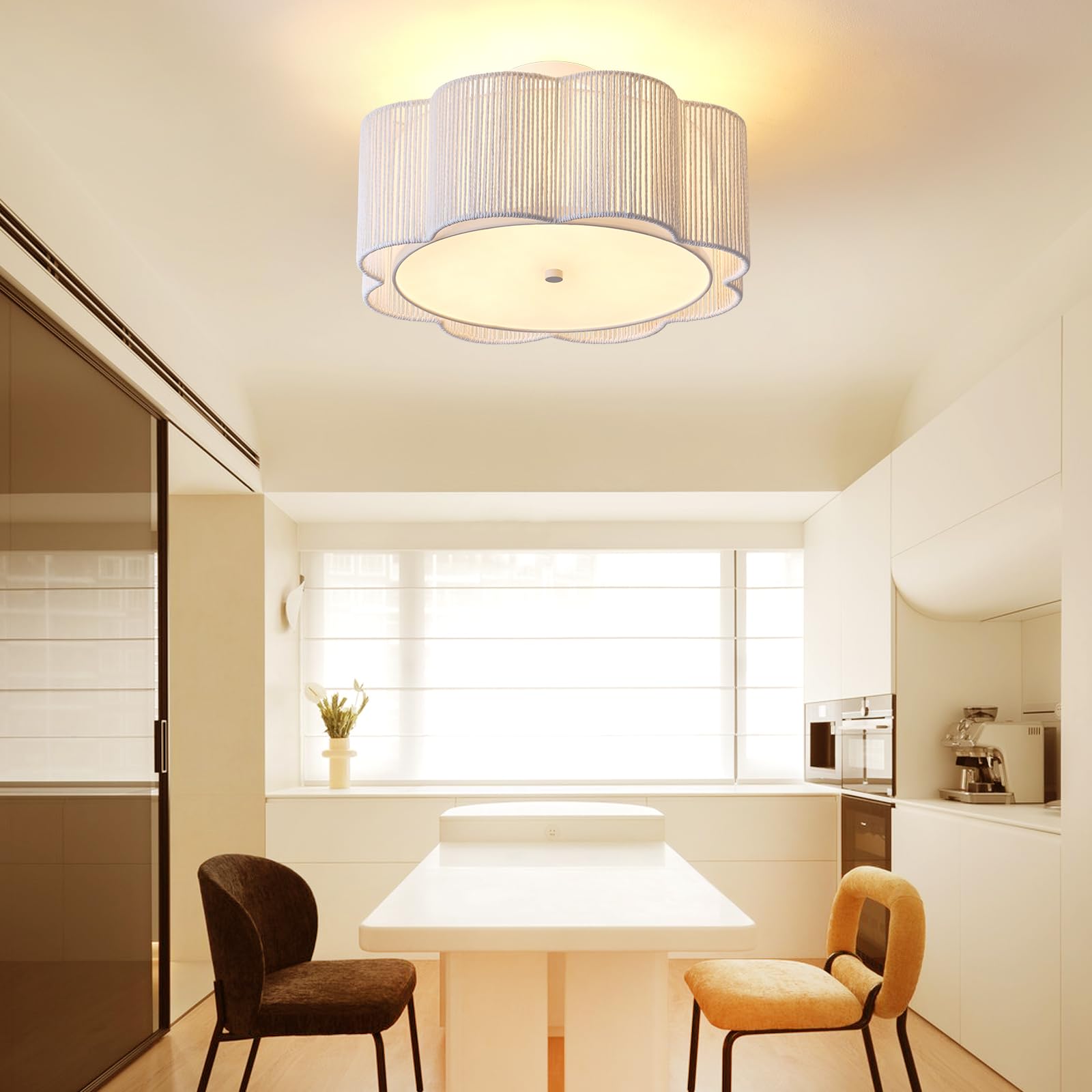 Giutna 17.7" Rattan Flush Mount Ceiling Light, 3-Light Boho Fixture, White, Model FLOWERLIGHT07