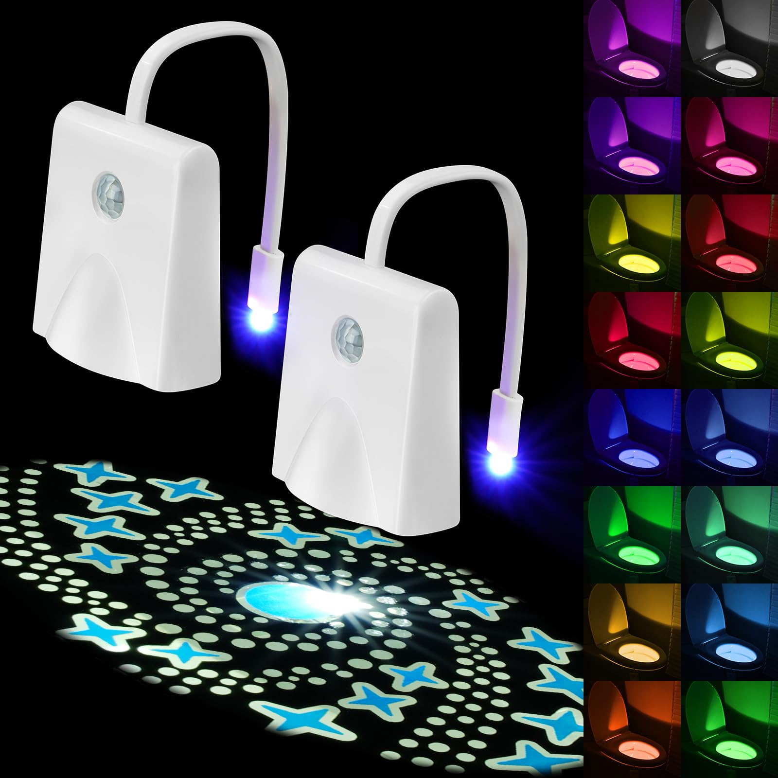 Hotut Toilet Night Lights, 2Pcs Toilet Lights Motion Sensor With Star Projector, Usb Rechargeable 16 Colors Changing Led Inside Toilet Bowl, Bathroom Accessories Decor, Funny Gift For Men Women Kids