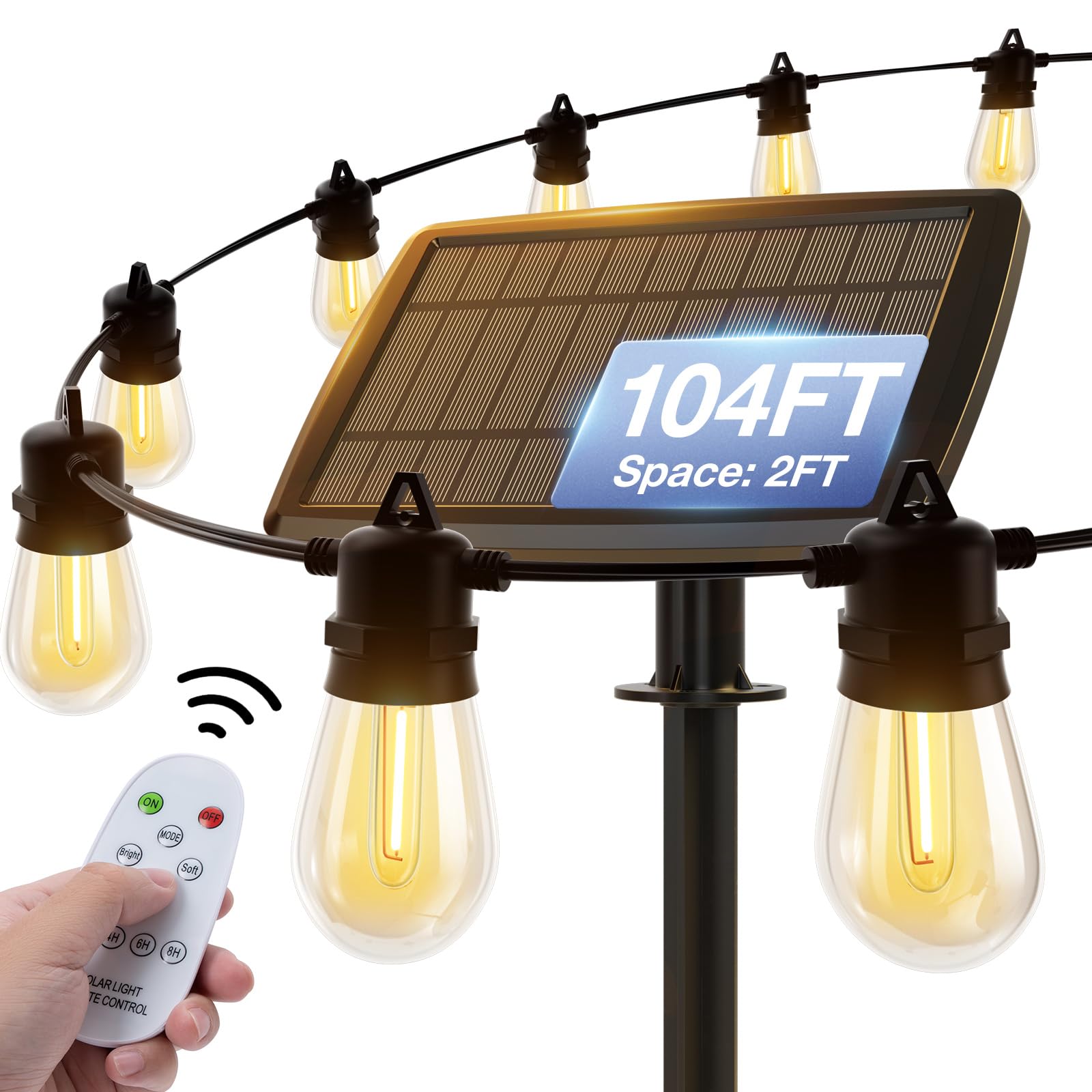 addlon Solar String Lights 104FT (98FT + 6FT) Waterproof with USB & Remote Control, 52 LED Dimmable Bulbs, Black